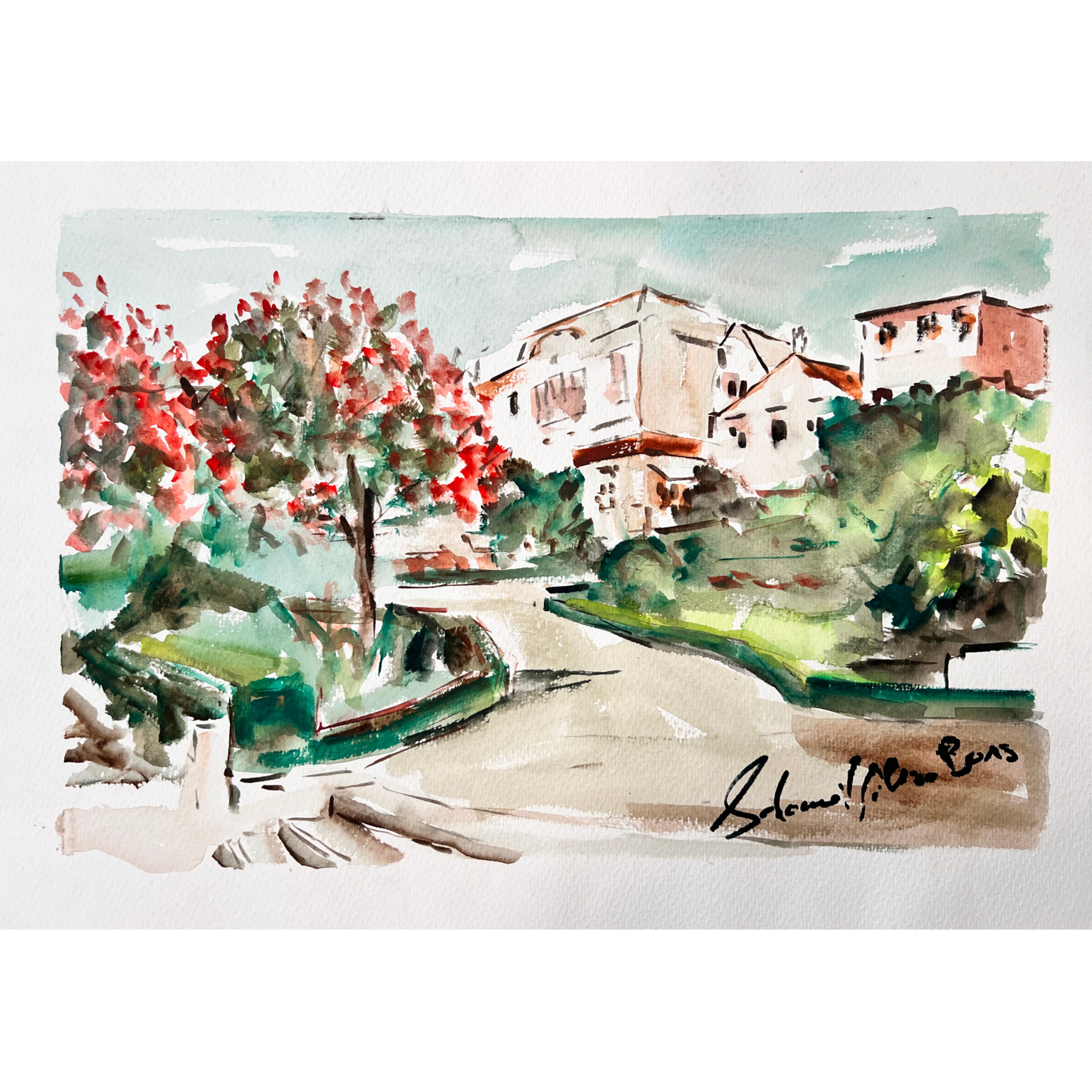 Pintura em aquarela de uma paisagem com árvores, casas e céu azul claro