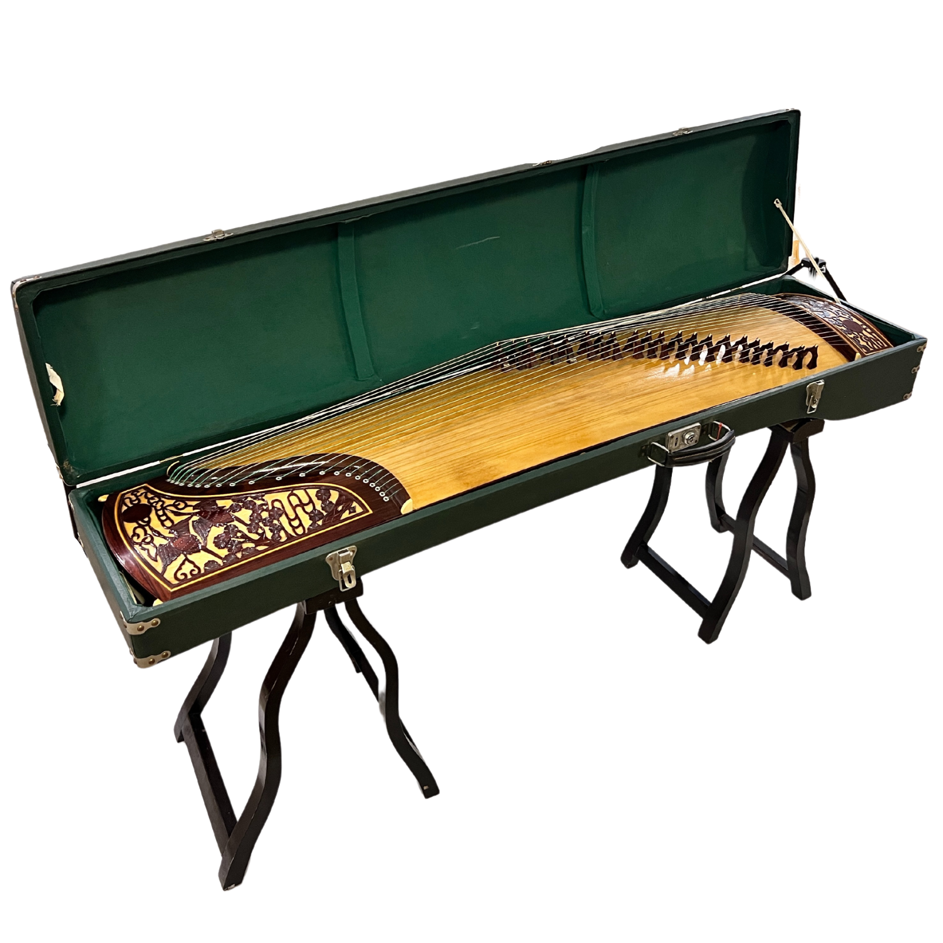 Cítara em caixa rígida verde com suporte dobrável preto