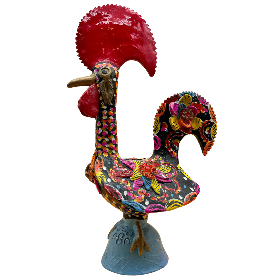 Escultura decorativa colorida de galo em metal com base azul