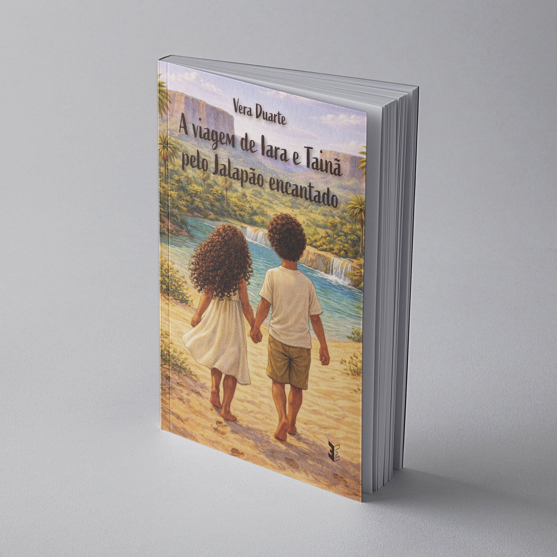 Livro ilustrado com crianças na praia e título A viagem de Iara e Tainã pelo Jalapão encantado.