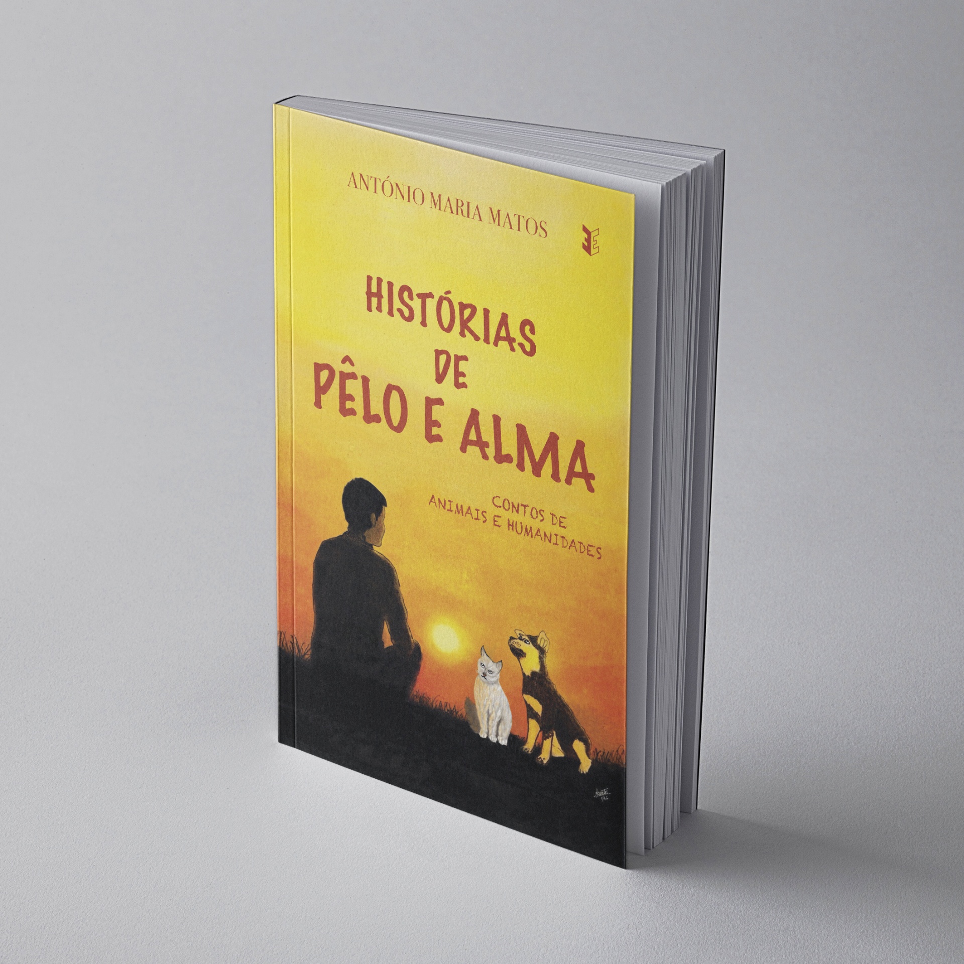 Capa de livro Histórias de Pêlo e Alma com ilustração de pessoa, gato e cão ao pôr do sol