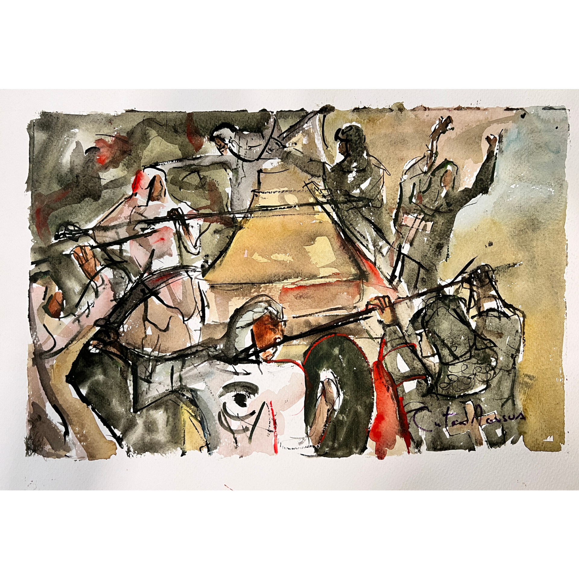 Pintura em aguarela abstrata de figuras humanas em movimento