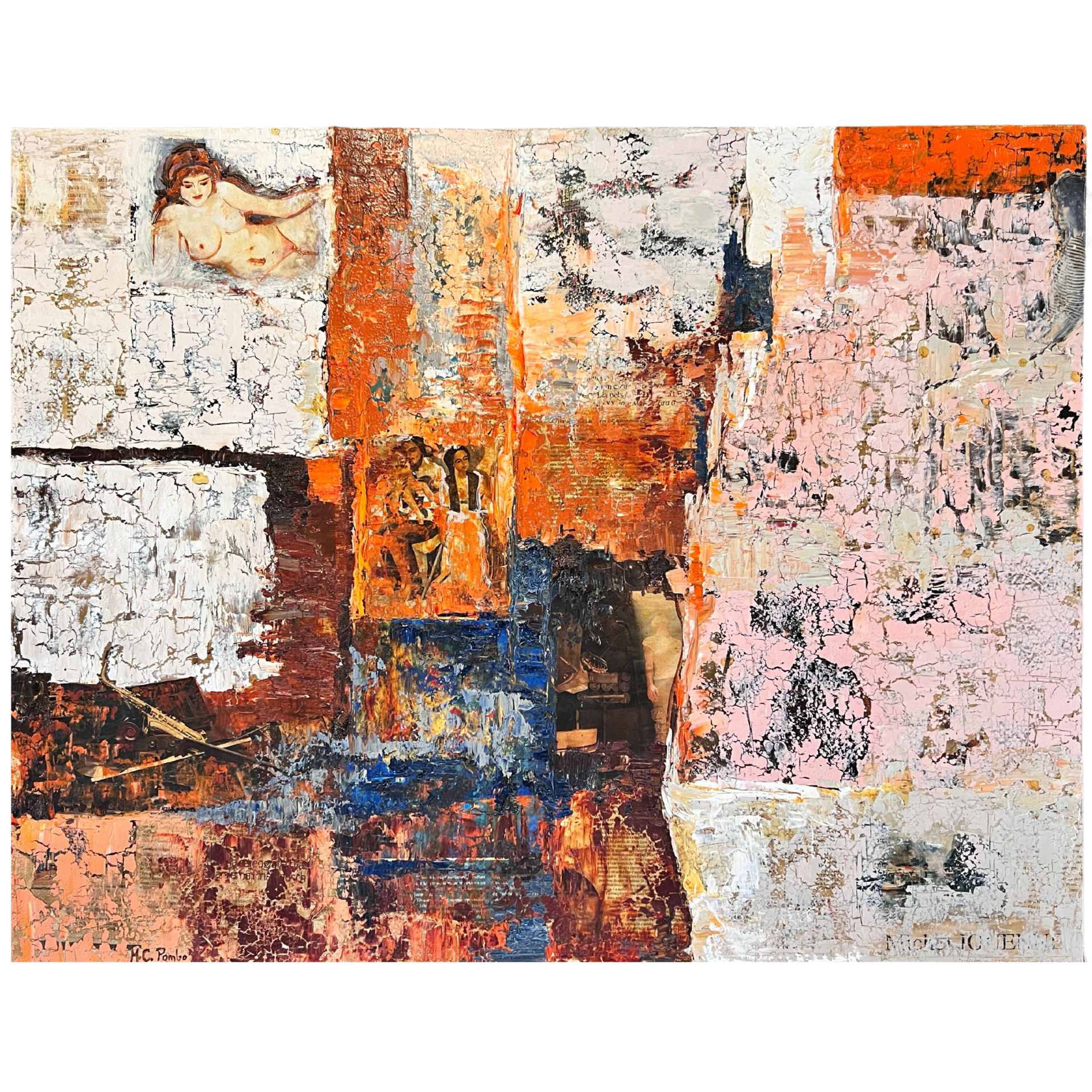 Pintura abstrata colorida com textura e figura feminina no canto superior esquerdo.