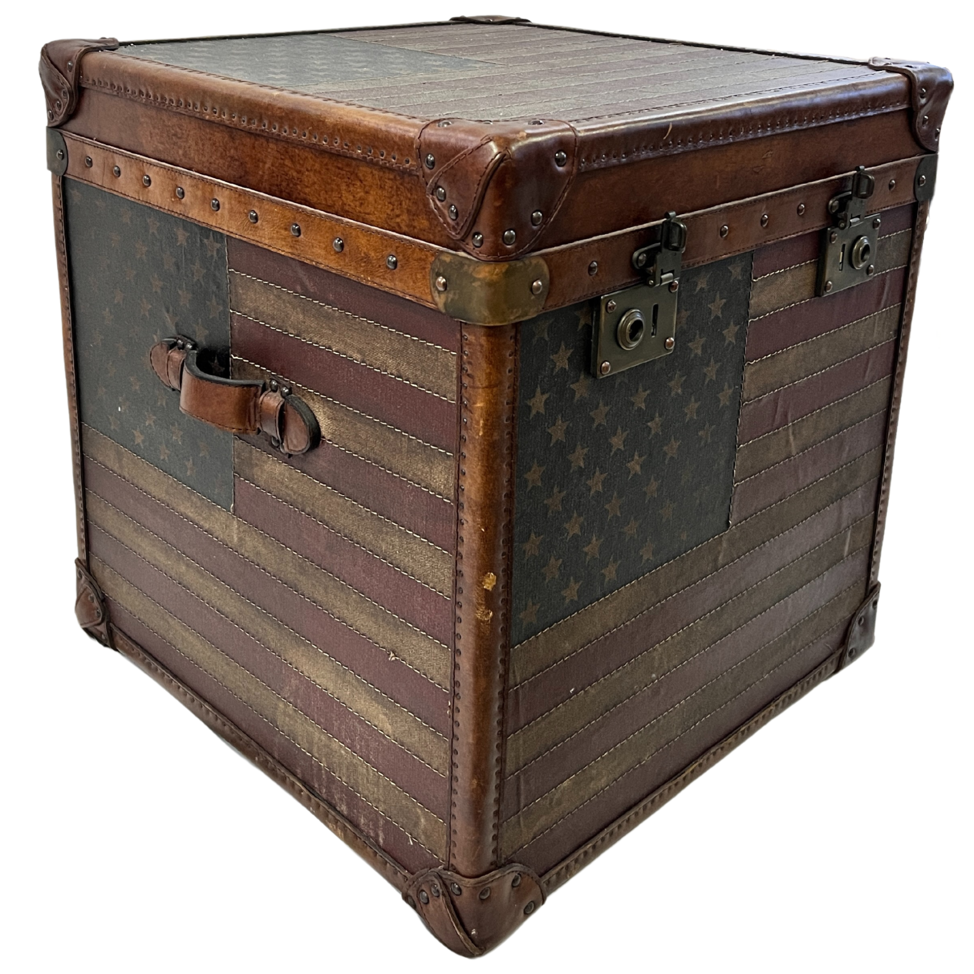 Mala cúbica com estampa da bandeira dos EUA e detalhes em couro castanho