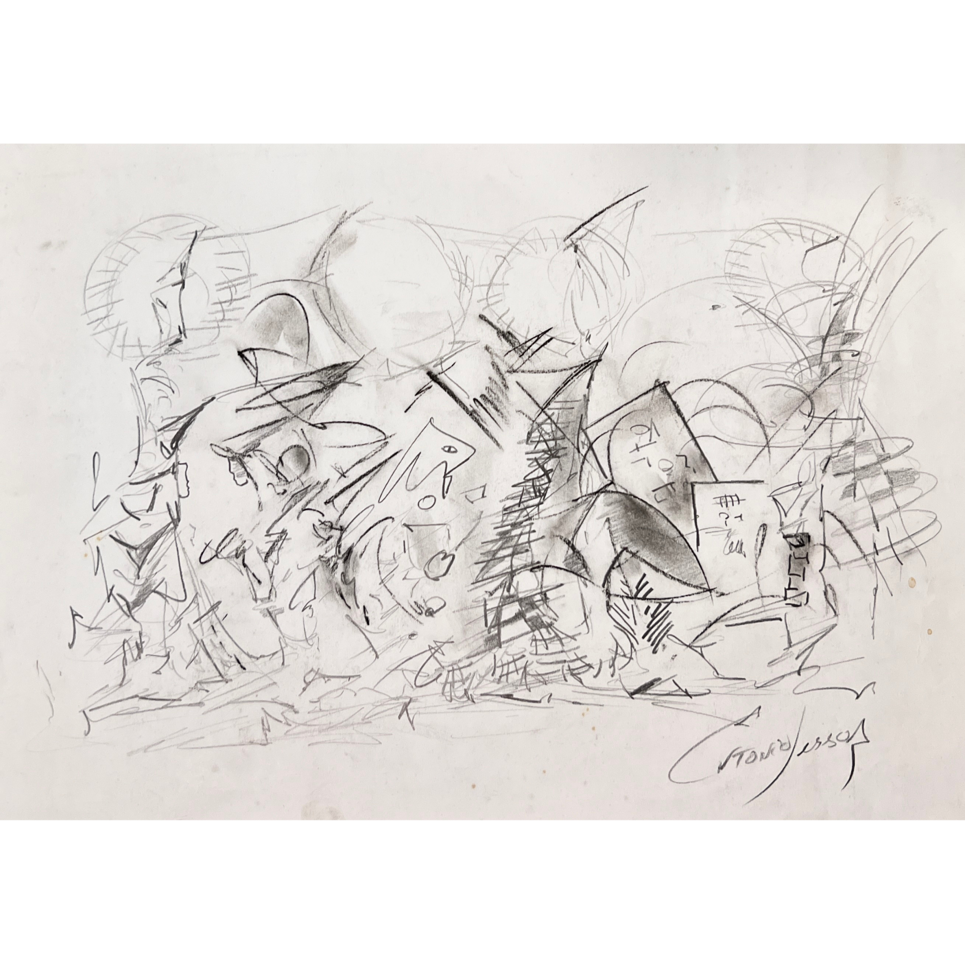 Desenho a carvão abstrato em papel com linhas geométricas e assinatura no canto