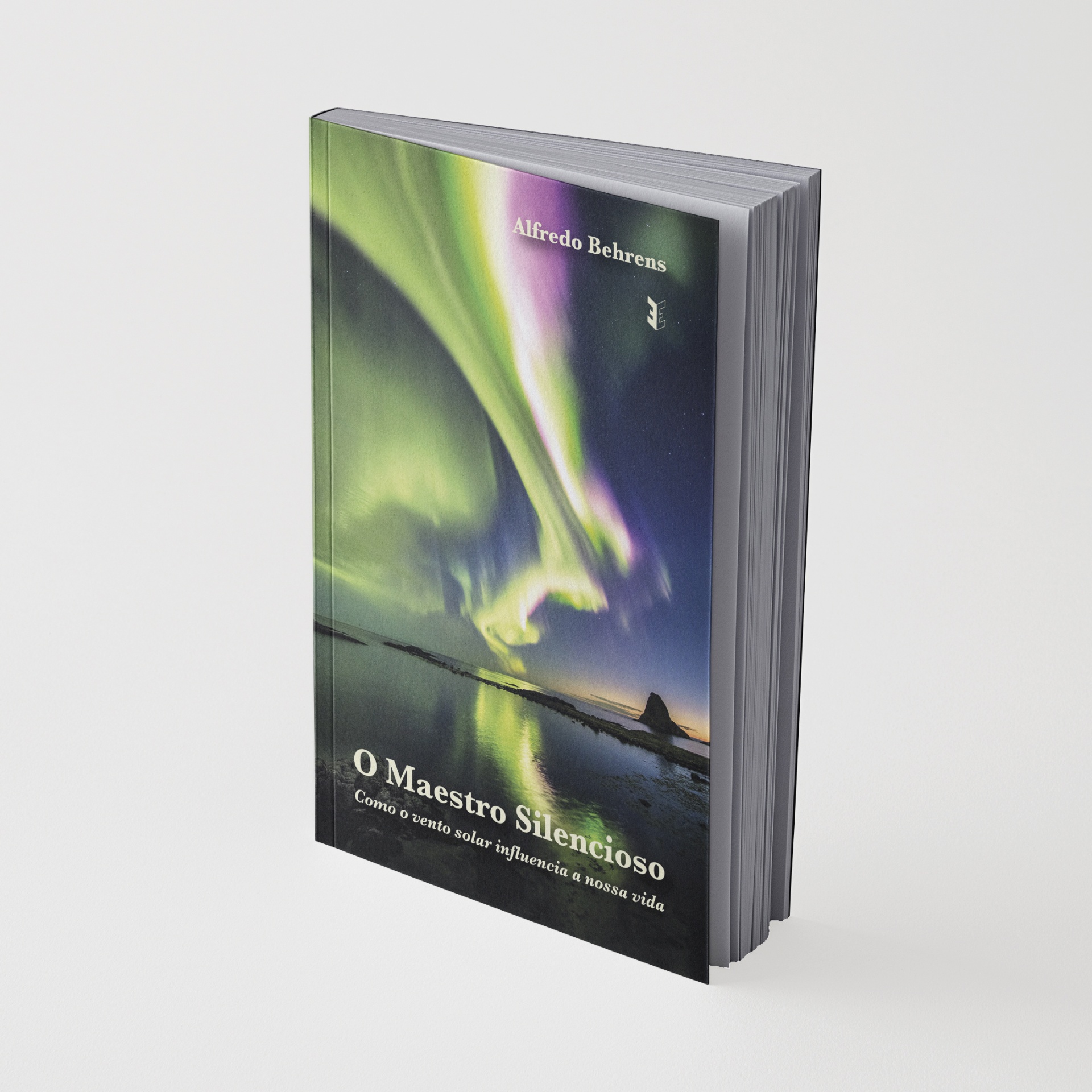 Capa de livro com imagem de aurora boreal em verde e roxo e texto de autor e título.