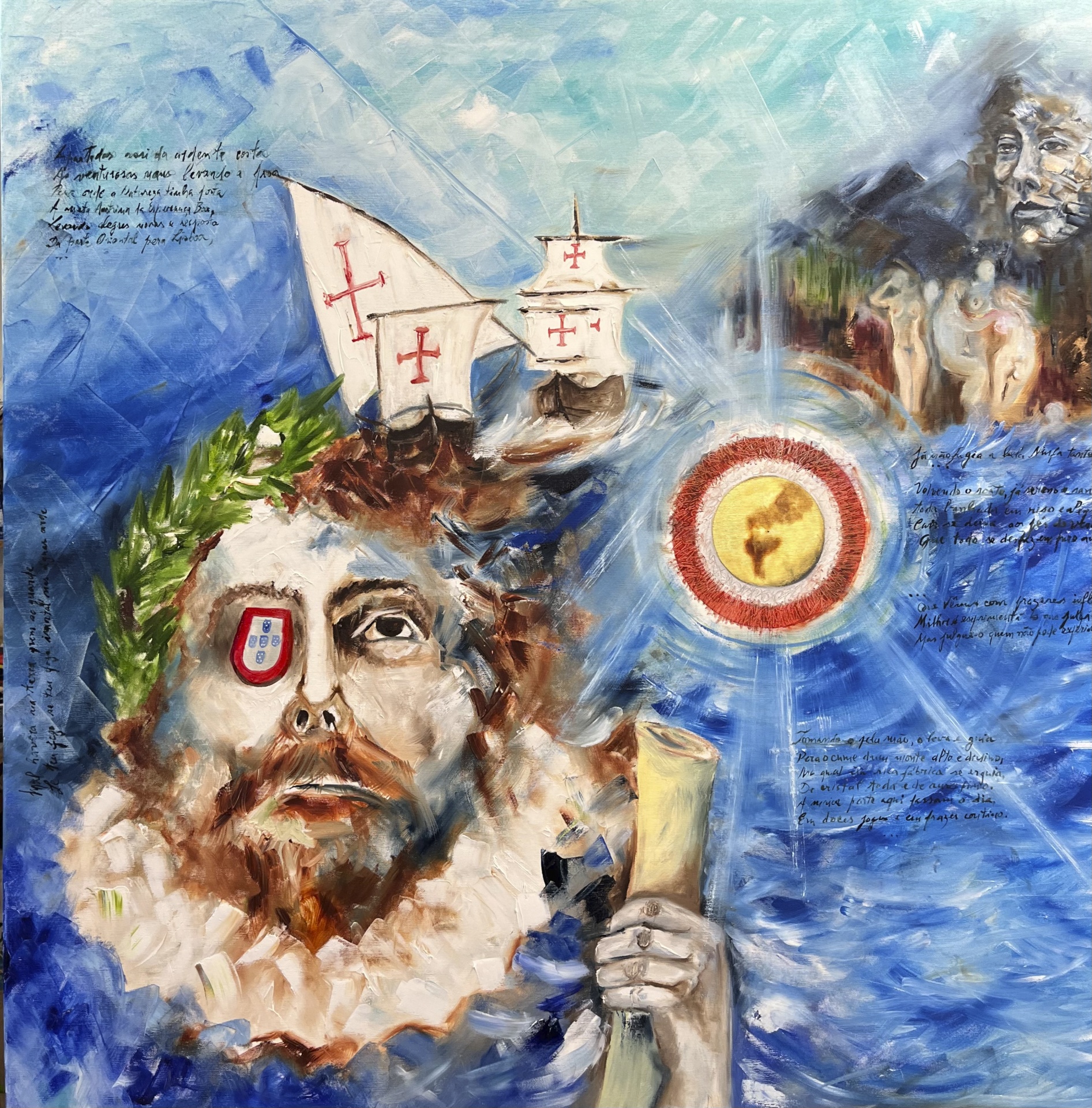 Pintura de rosto masculino com coroa de louros, uma caravela portuguesa, escudo no olho, alvo, figuras e texto manuscrito.