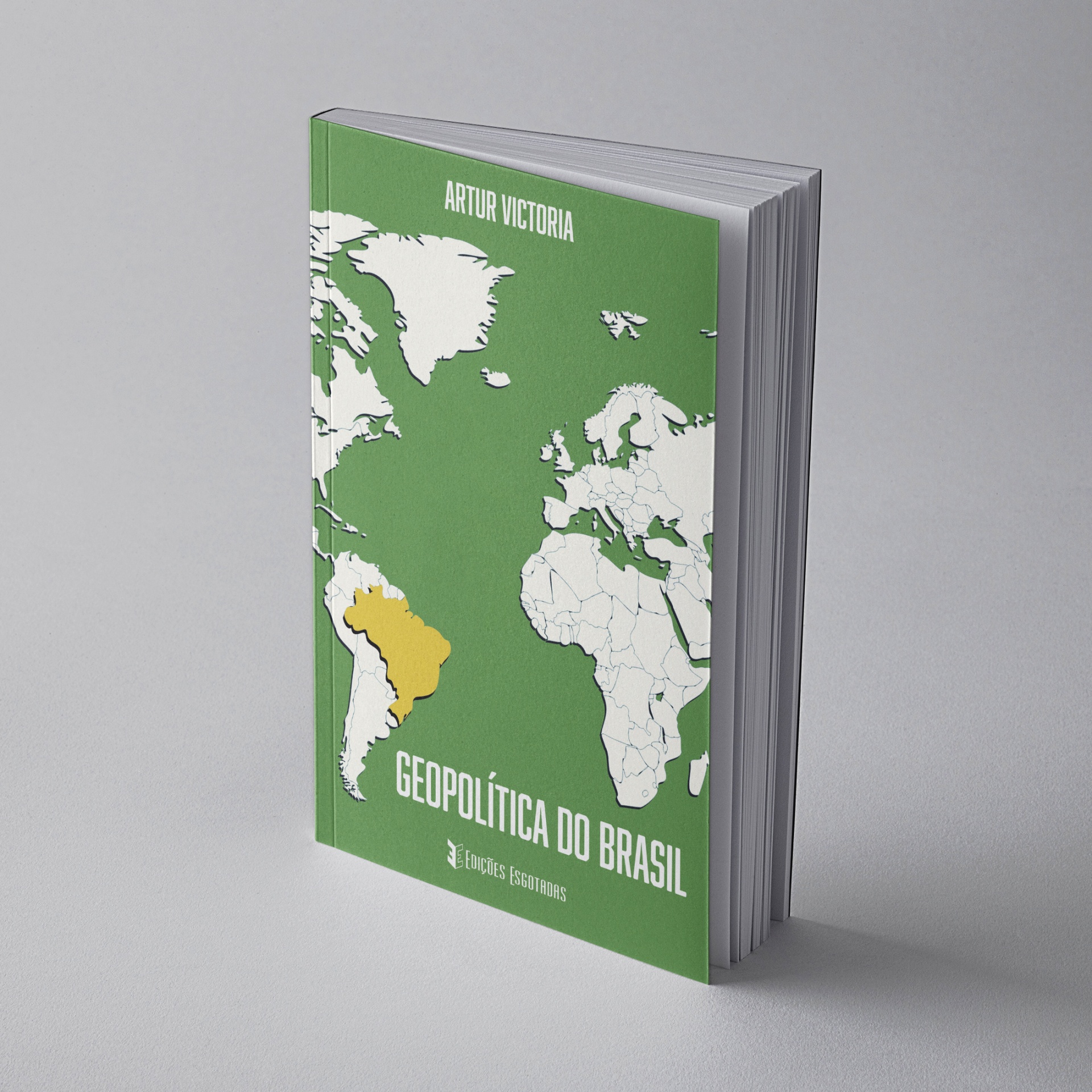 Livro com capa verde e mapa-múndi em branco e amarelo com texto na capa