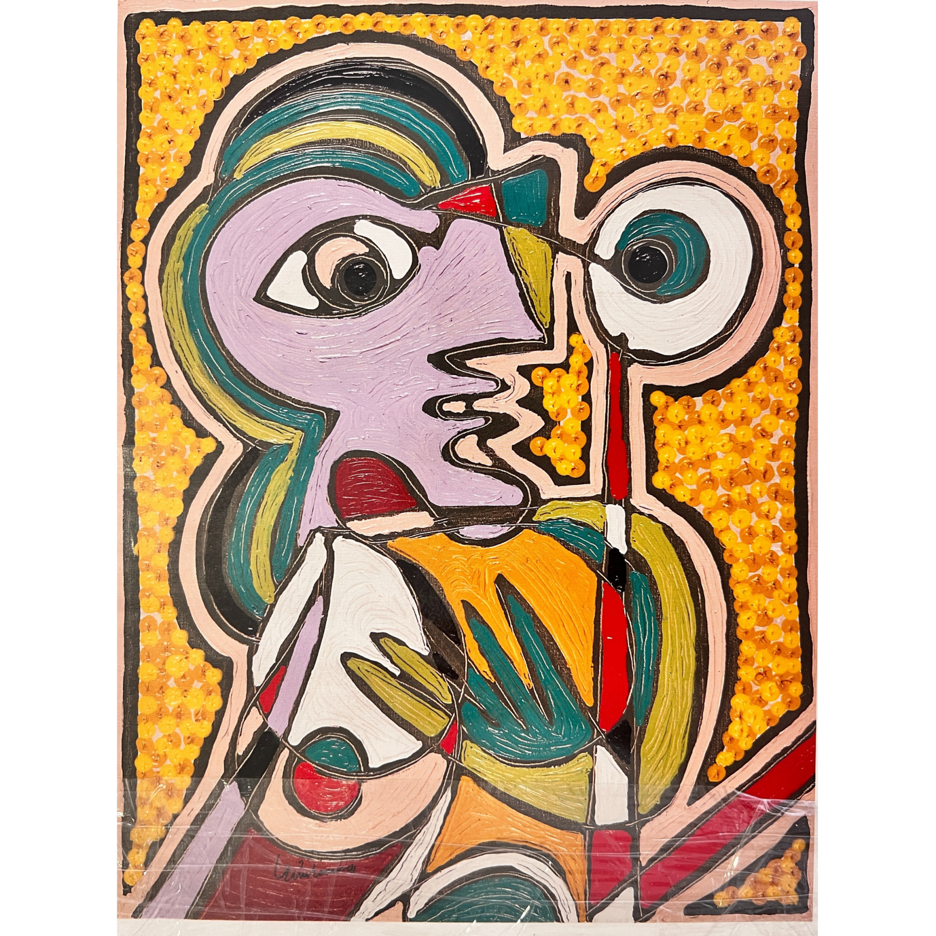 Pintura abstrata colorida com formas geométricas e linhas curvas