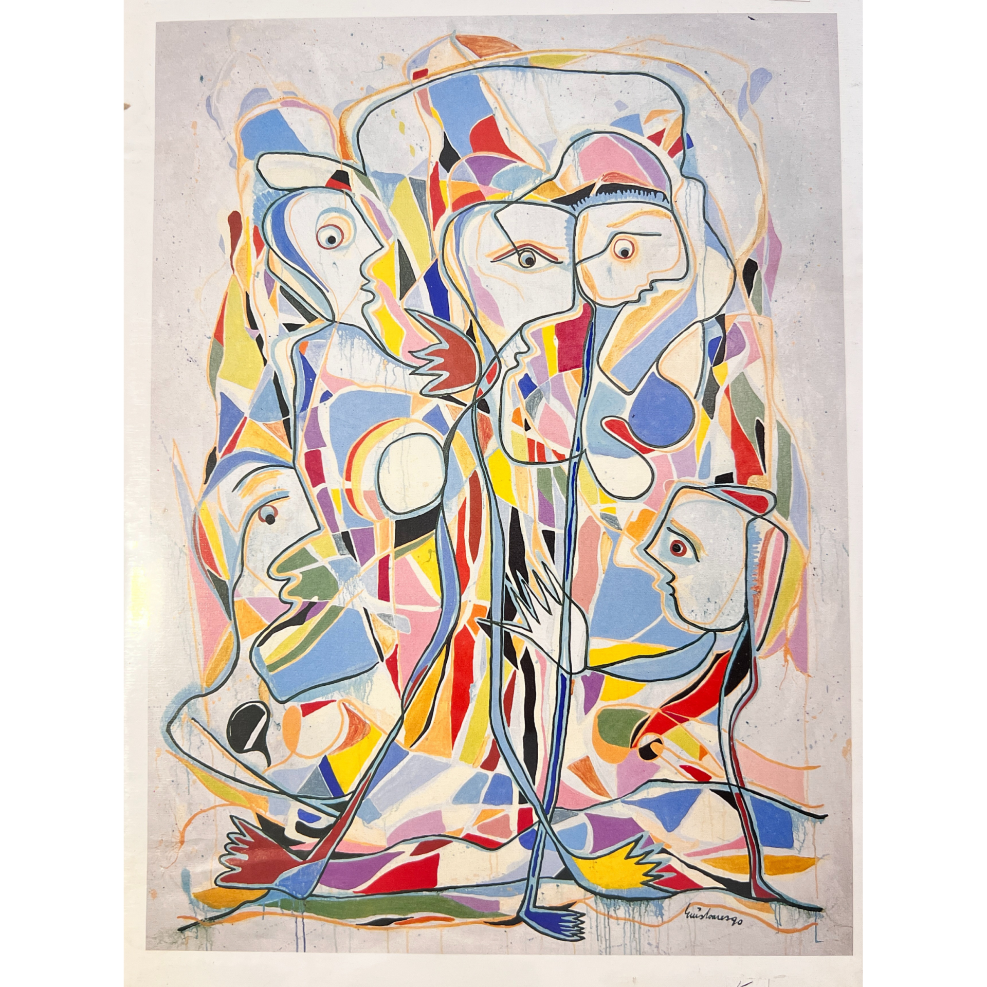 Pintura abstrata colorida com figuras humanas estilizadas em várias cores