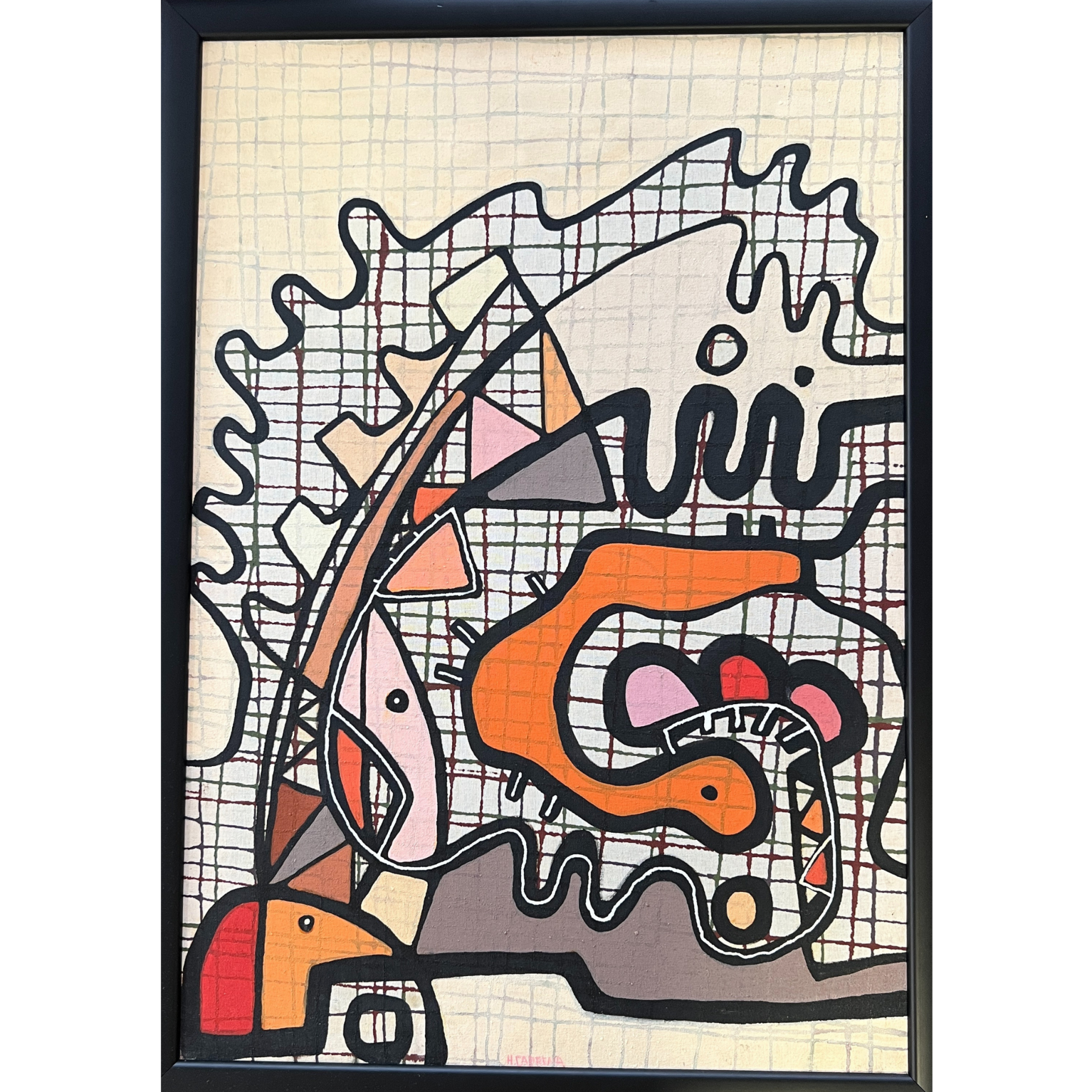 Quadro com pintura abstrata colorida e padrão quadriculado de fundo