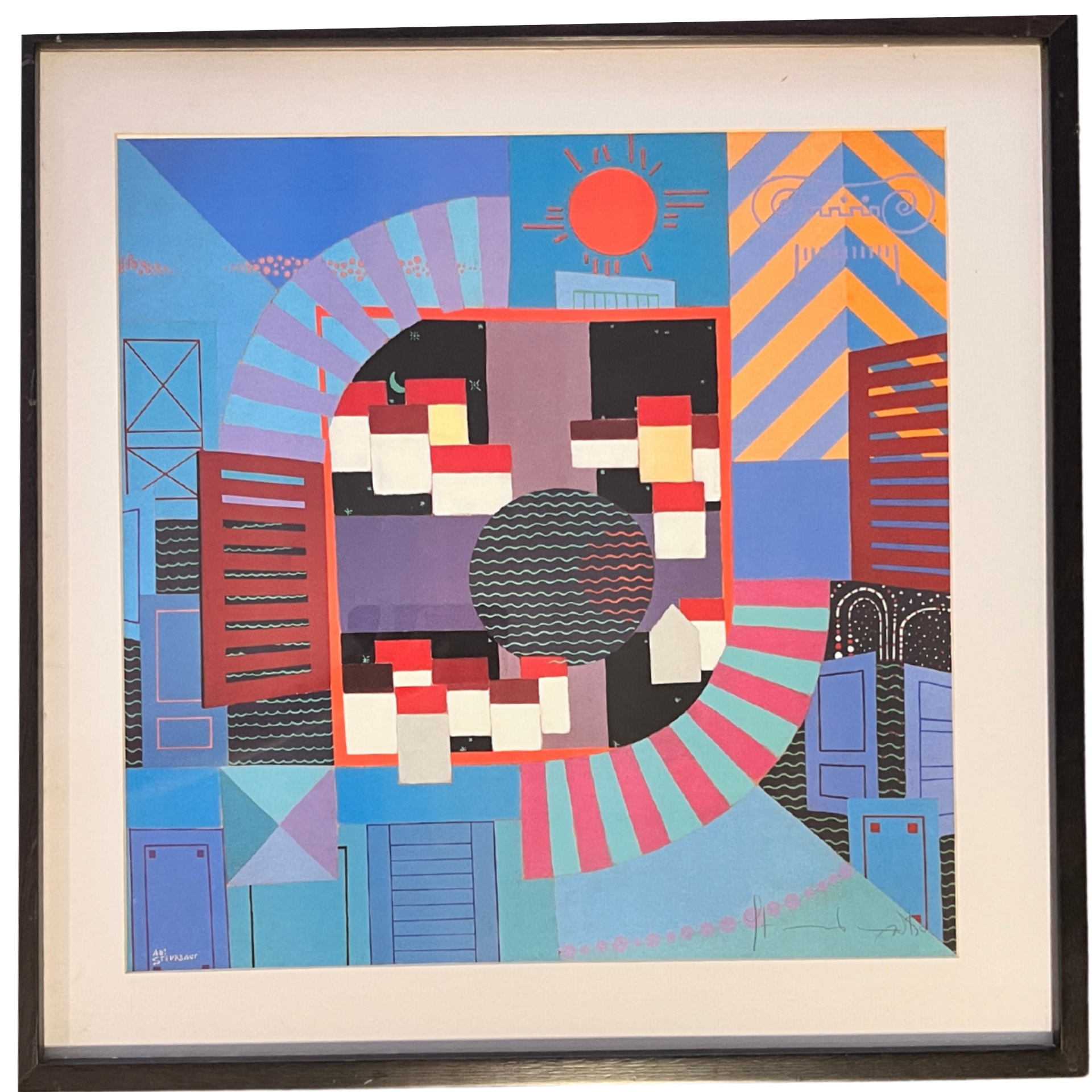 Quadro abstrato com formas geométricas coloridas e moldura escura