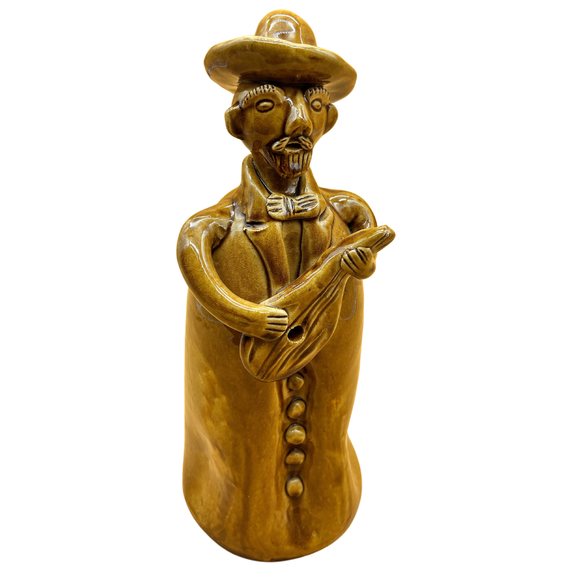 Estátua cerâmica castanha de homem com chapéu a tocar guitarra
