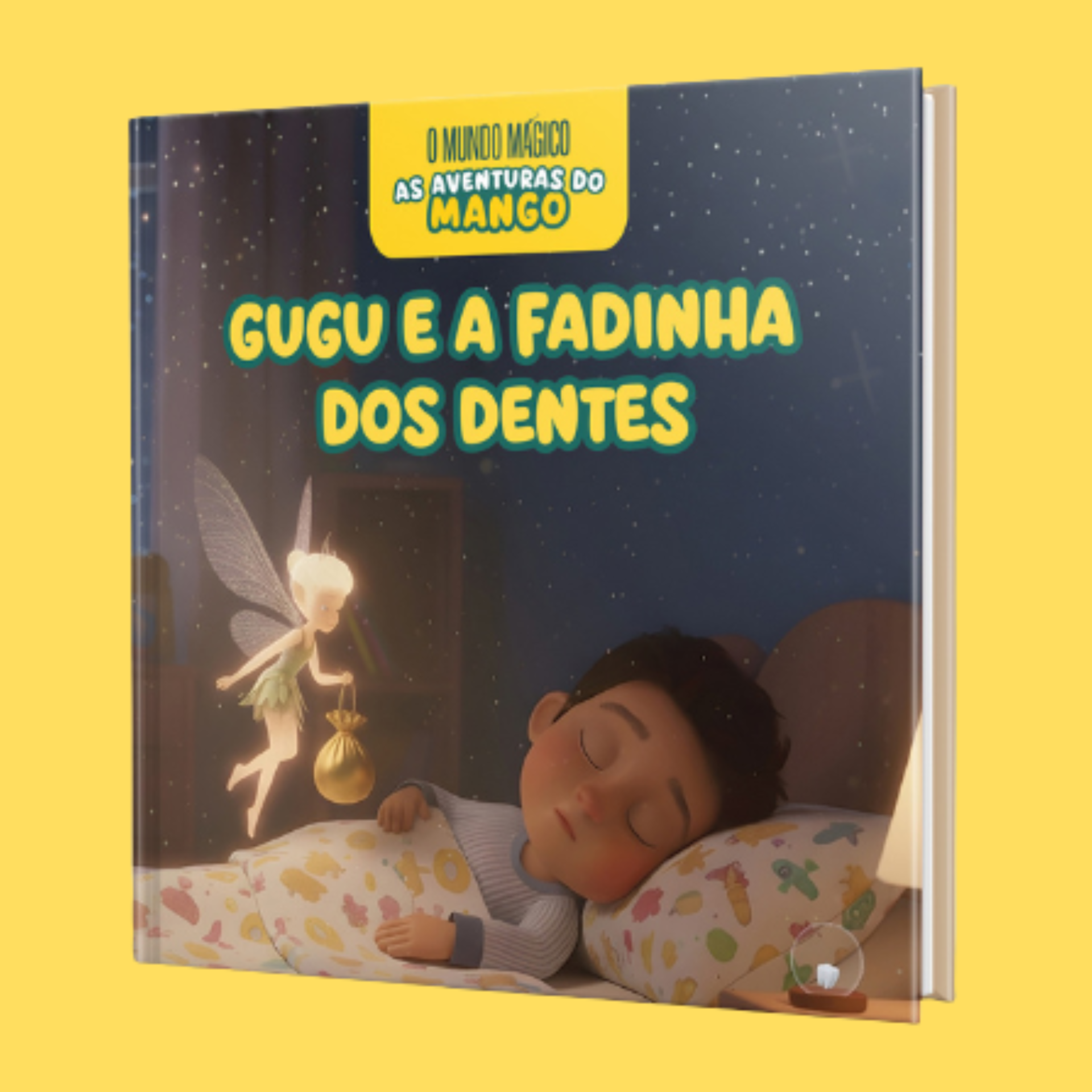 Capa de livro infantil GUGU E A FADINHA DOS DENTES com menino a dormir e fada luminosa ao lado