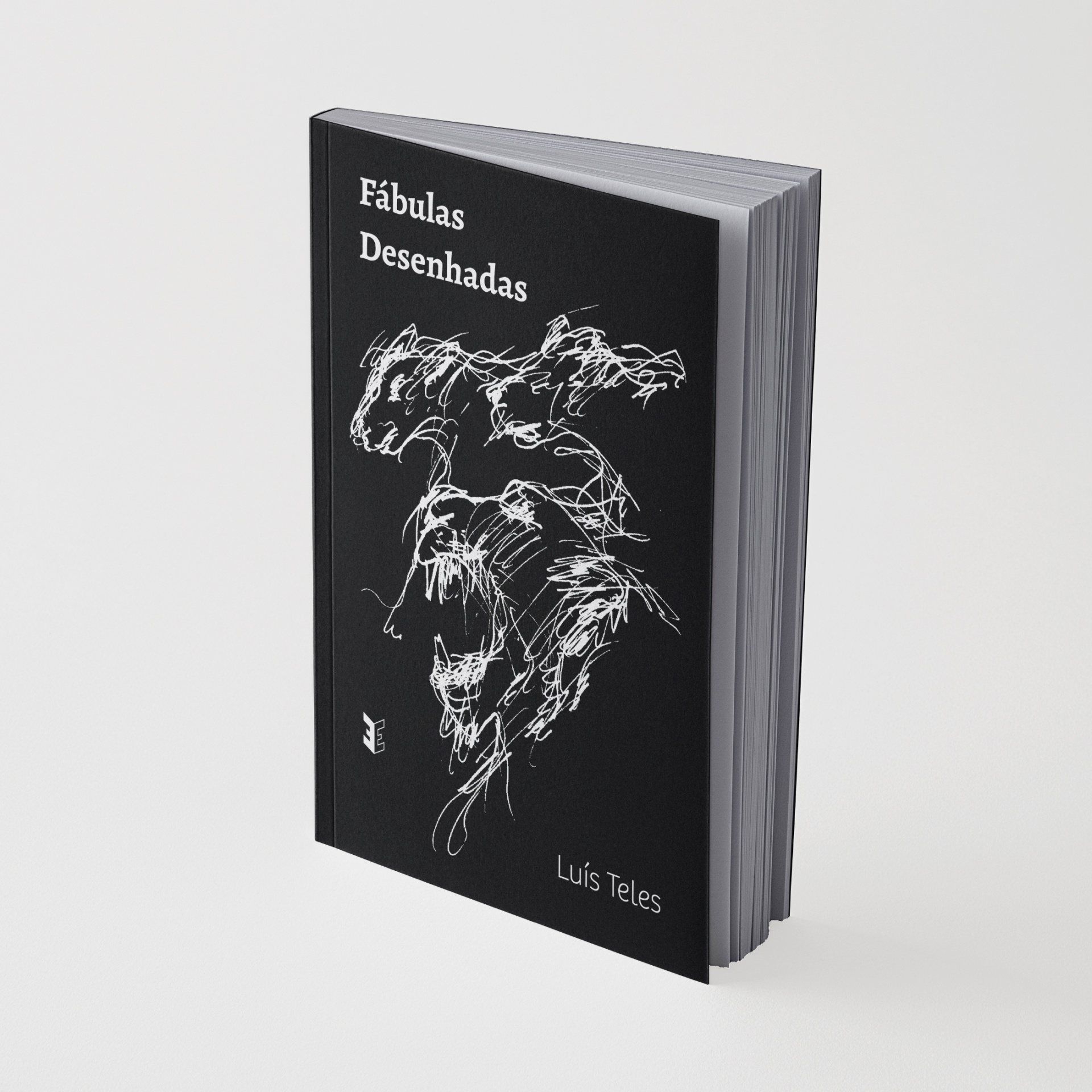 Livro capa preta com desenho branco e texto Fábulas Desenhadas de Luís Teles