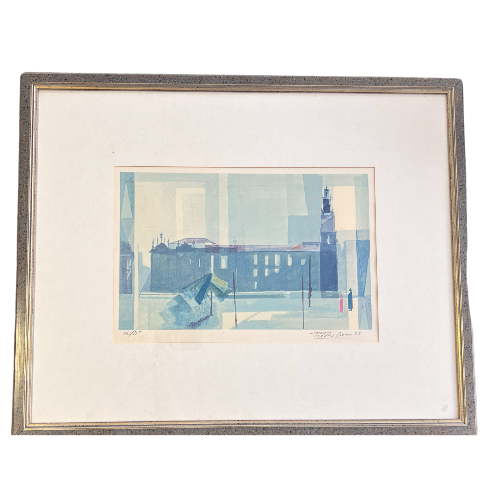 Gravura emoldurada de paisagem urbana em tons azuis e cinza