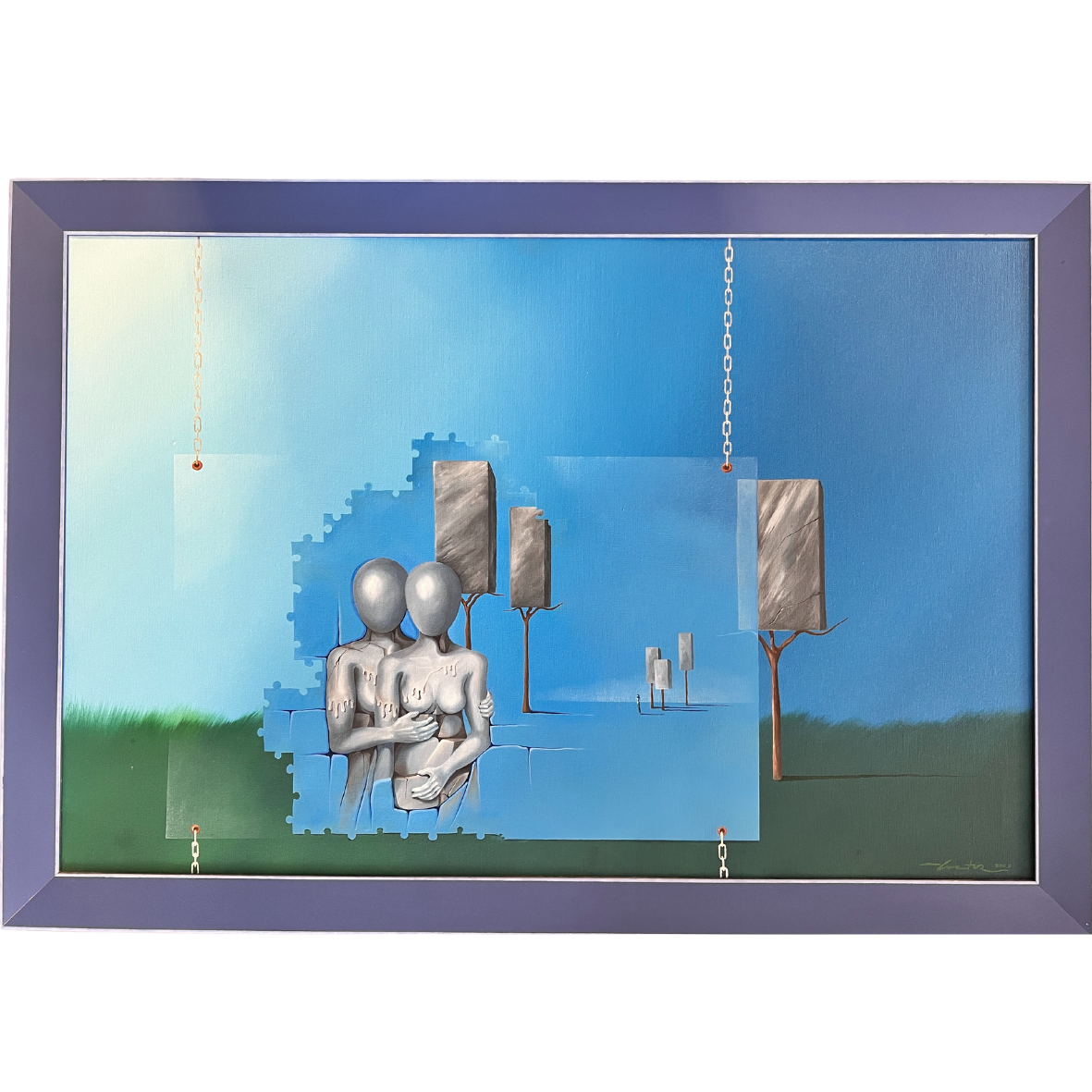 Pintura surrealista de figuras humanas prateadas e árvores retangulares prateadas com moldura roxa