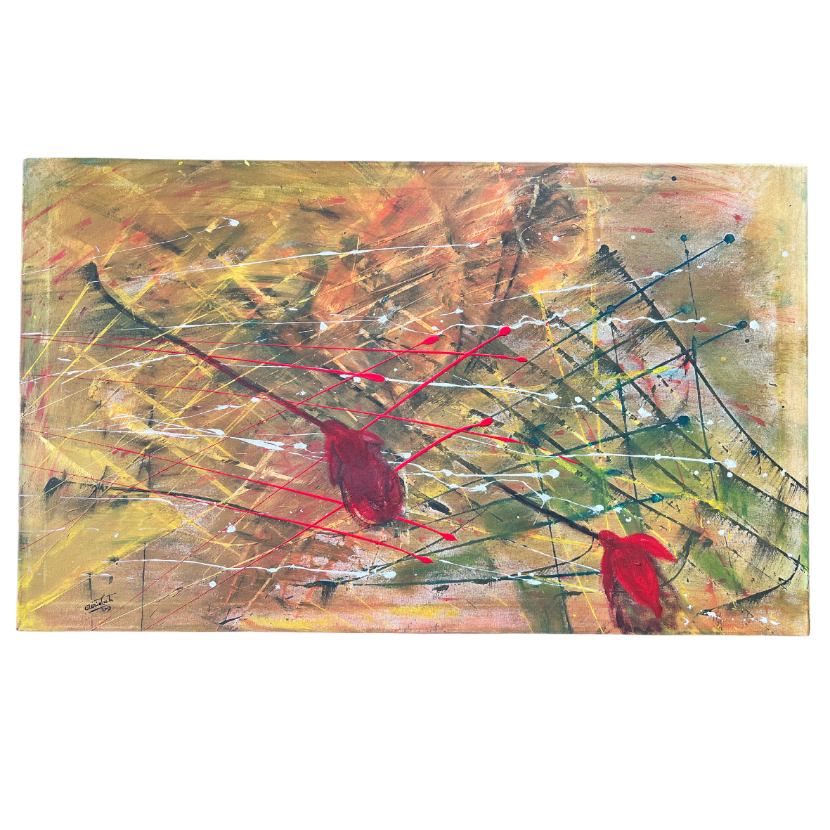 Tela de pintura abstrata com linhas e manchas de várias cores