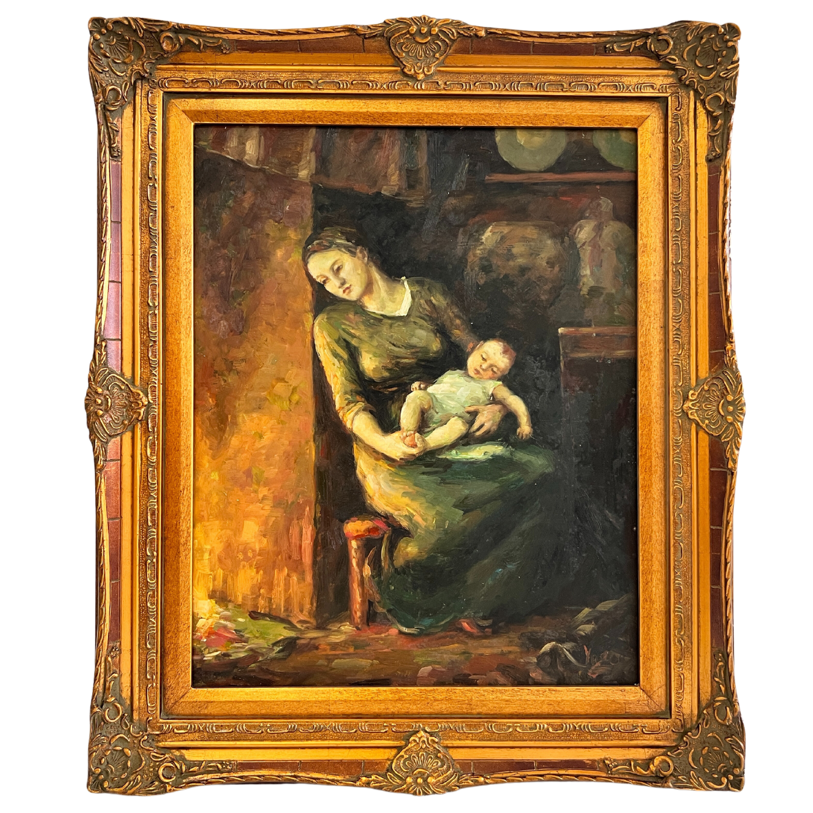 Pintura clássica de mulher com criança em moldura dourada ornamentada