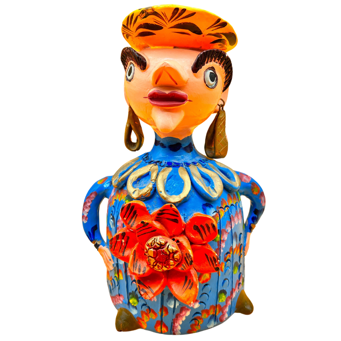 Escultura cerâmica colorida de figura humana com vestido azul e flor vermelha