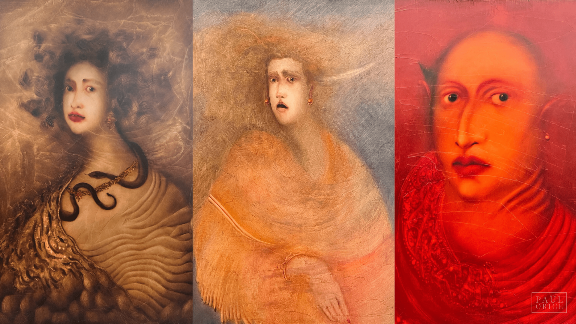 Três pinturas de mulheres com diferentes tons de cor e texturas em exposição.