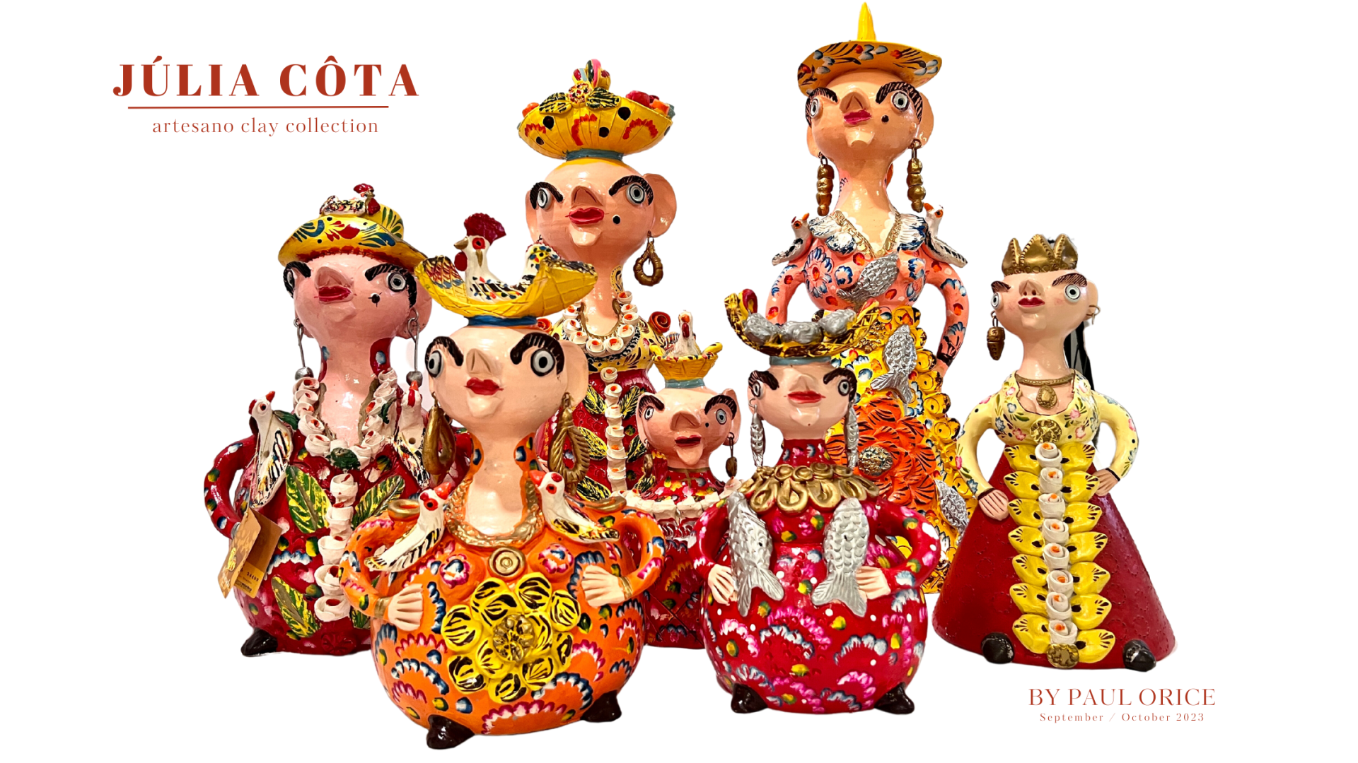 Figuras de cerâmica coloridas e detalhadas sobre fundo branco com texto de coleção e créditos.