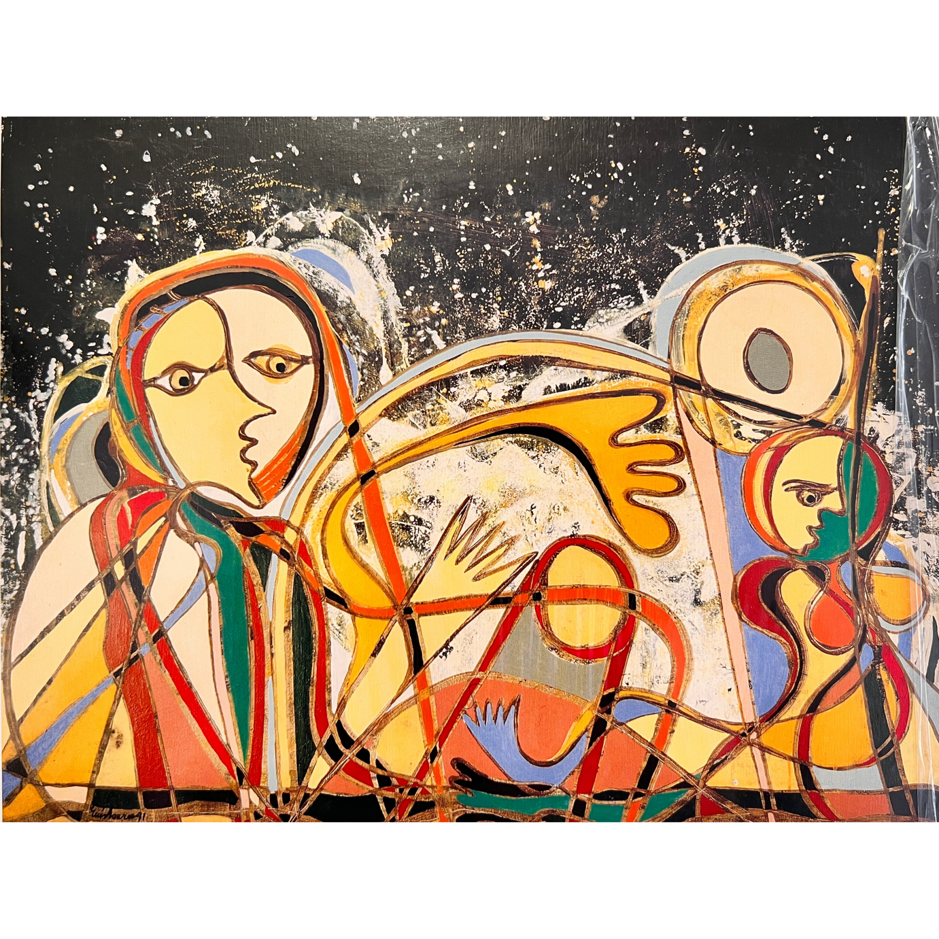 Pintura abstrata com formas humanas coloridas em fundo escuro