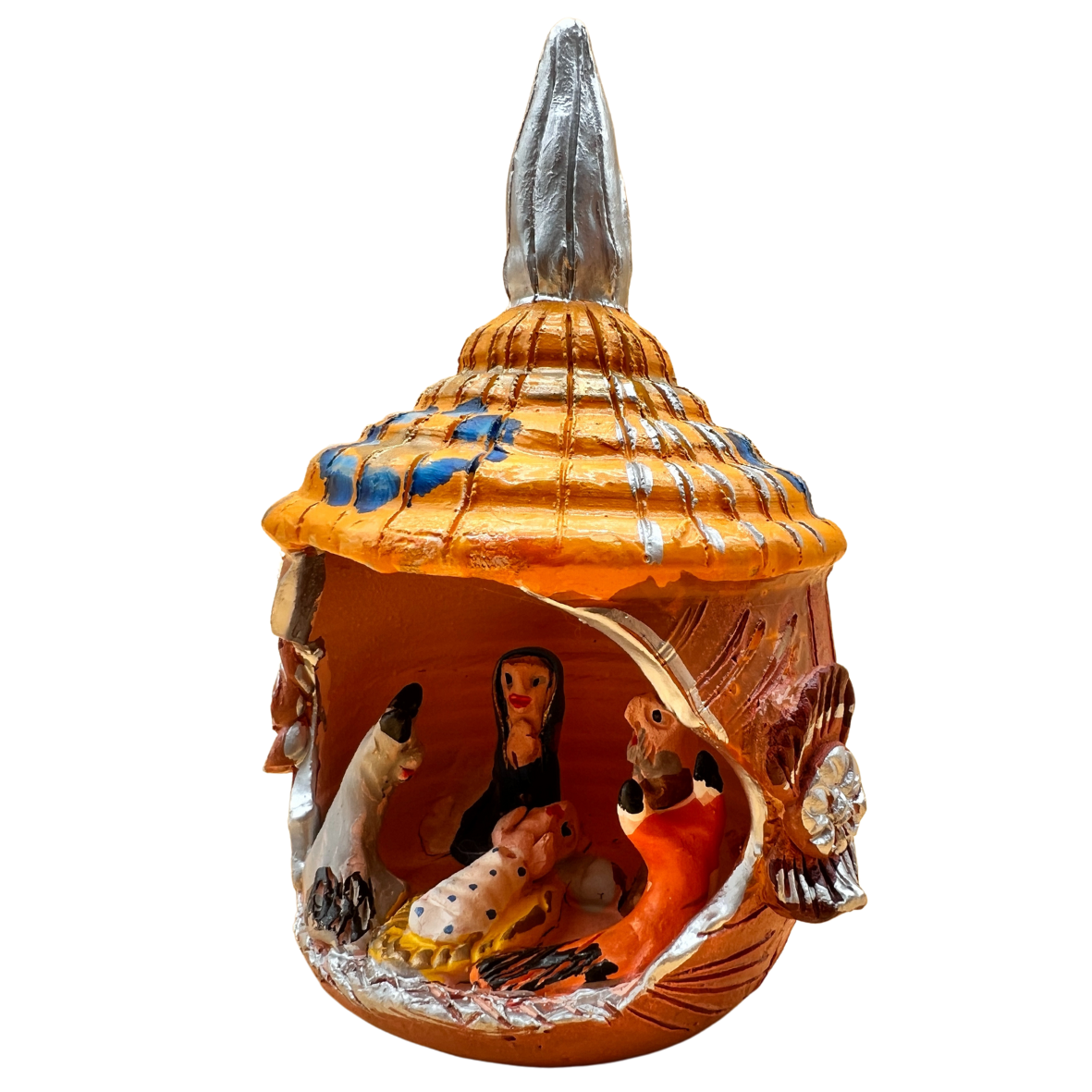 Presépio pequeno de cerâmica pintada à mão com figuras e estrela no topo