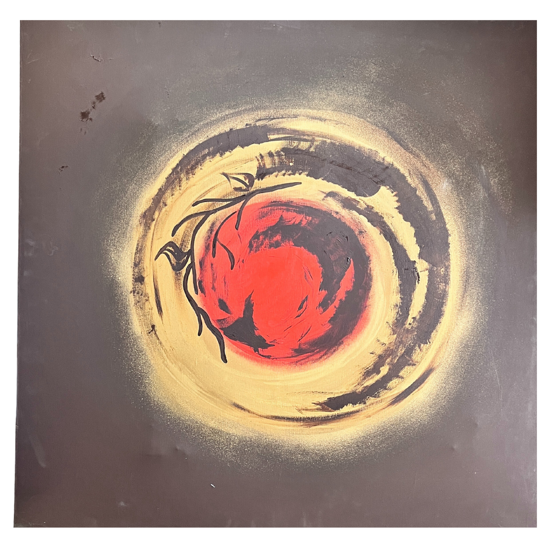 Pintura abstrata em tela com círculo vermelho e detalhes amarelos e pretos