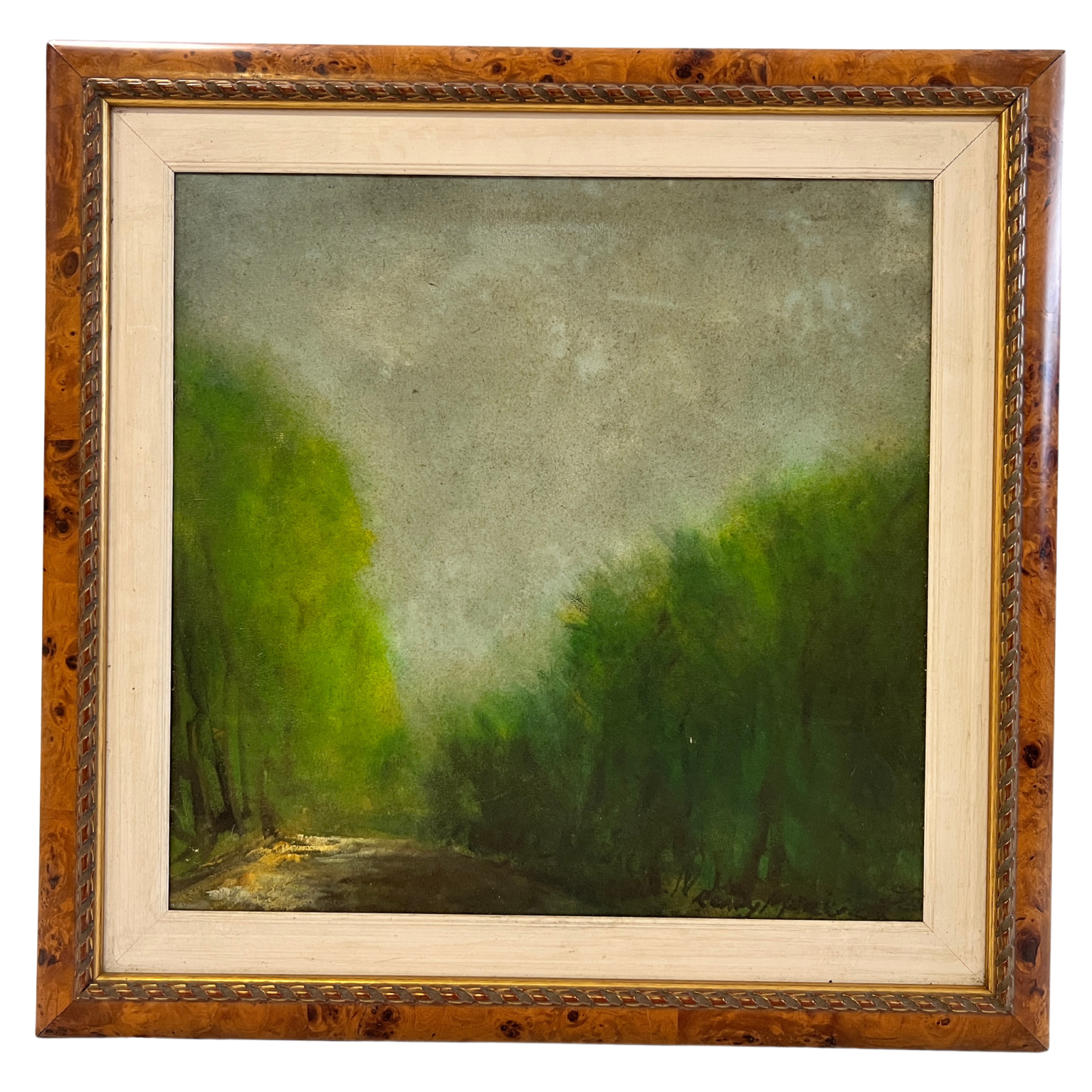 Pintura emoldurada de paisagem com árvores verdes e céu cinzento