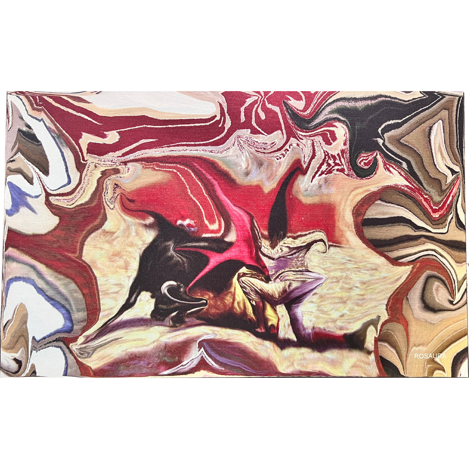 Padrão abstrato vermelho, bege e preto com textura ondulada e texto 'ROSA' no canto inferior direito