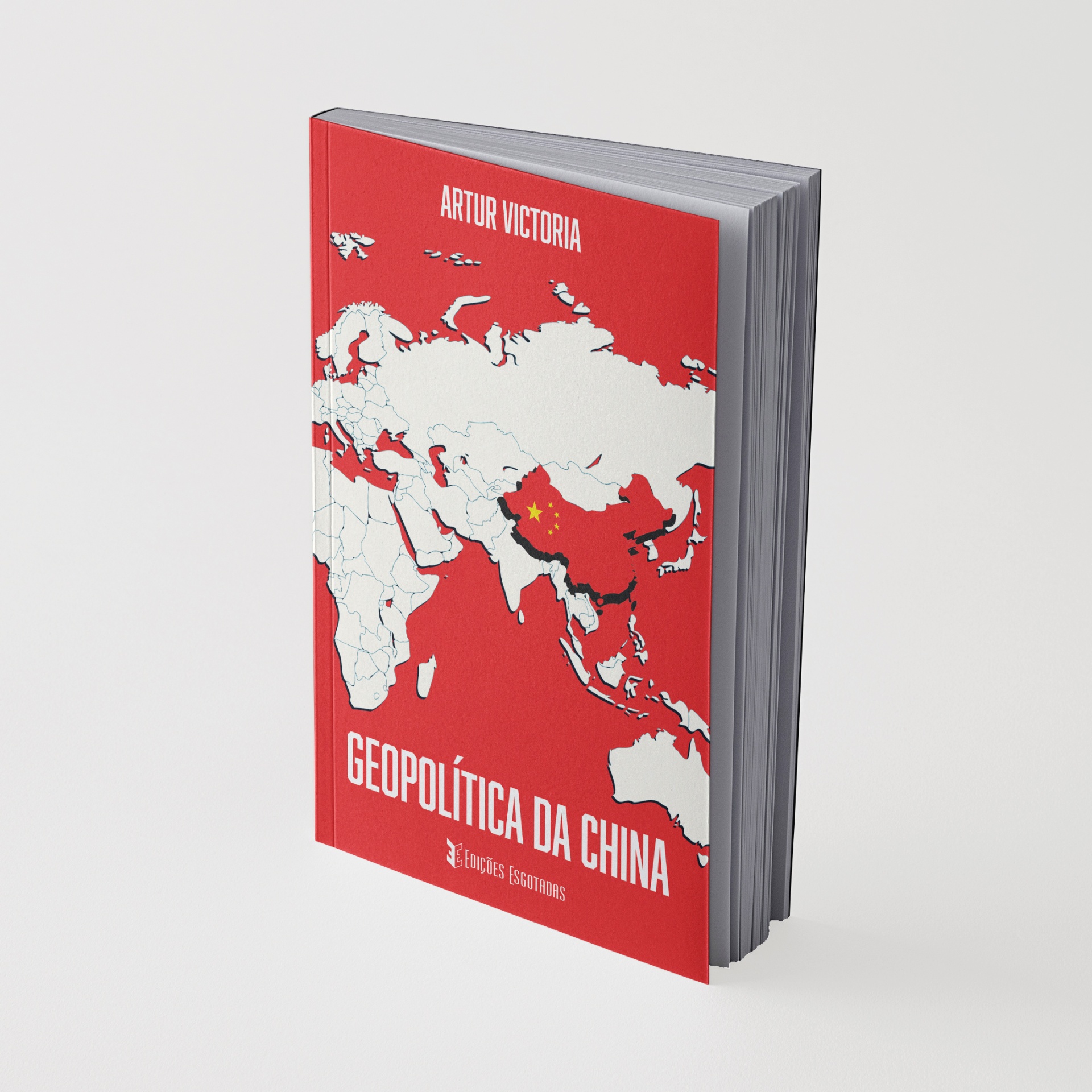 Livro capa dura vermelha e branco com mapa geopolítico e texto