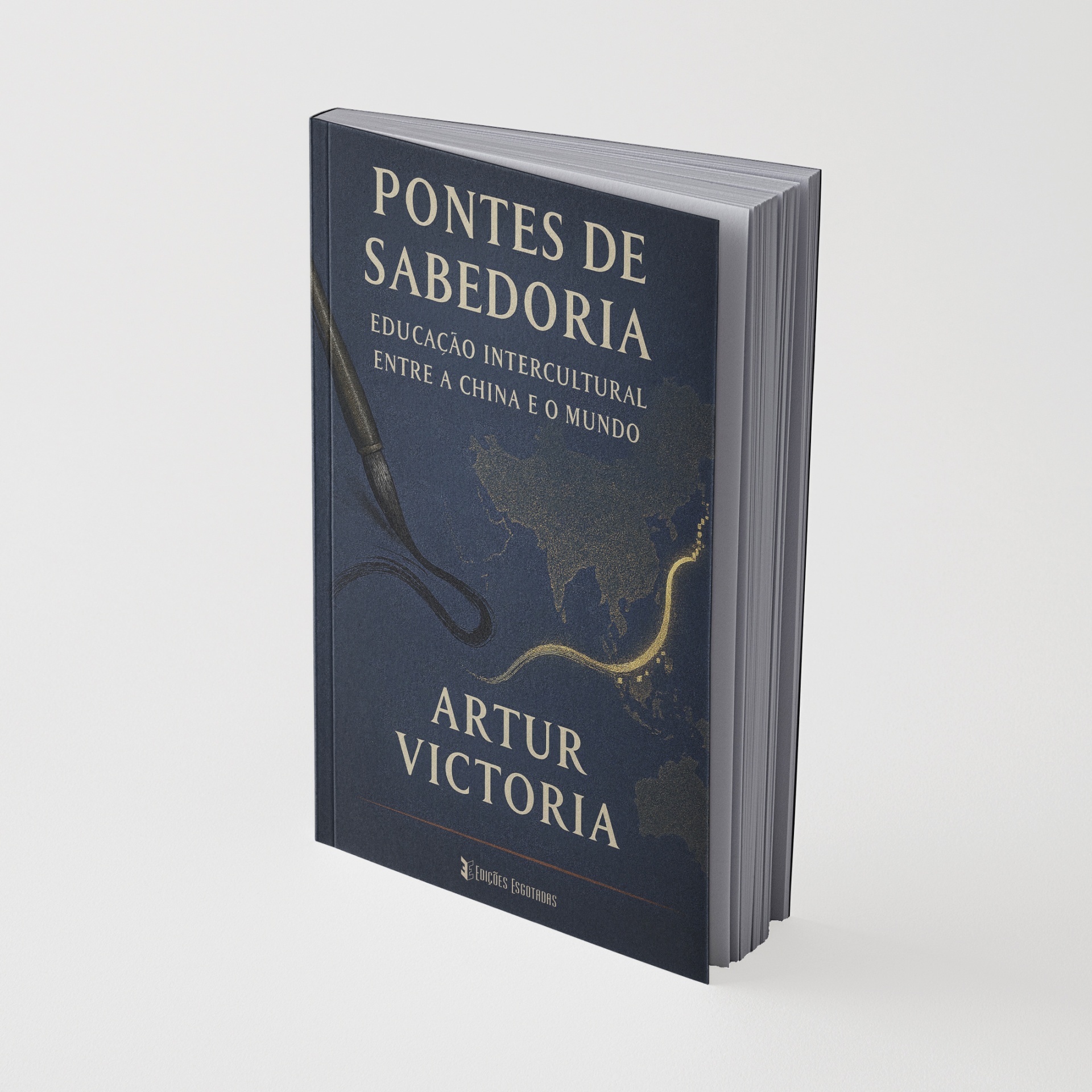 Capa azul escuro de livro com título e ilustração de pincel e mapa dourado.