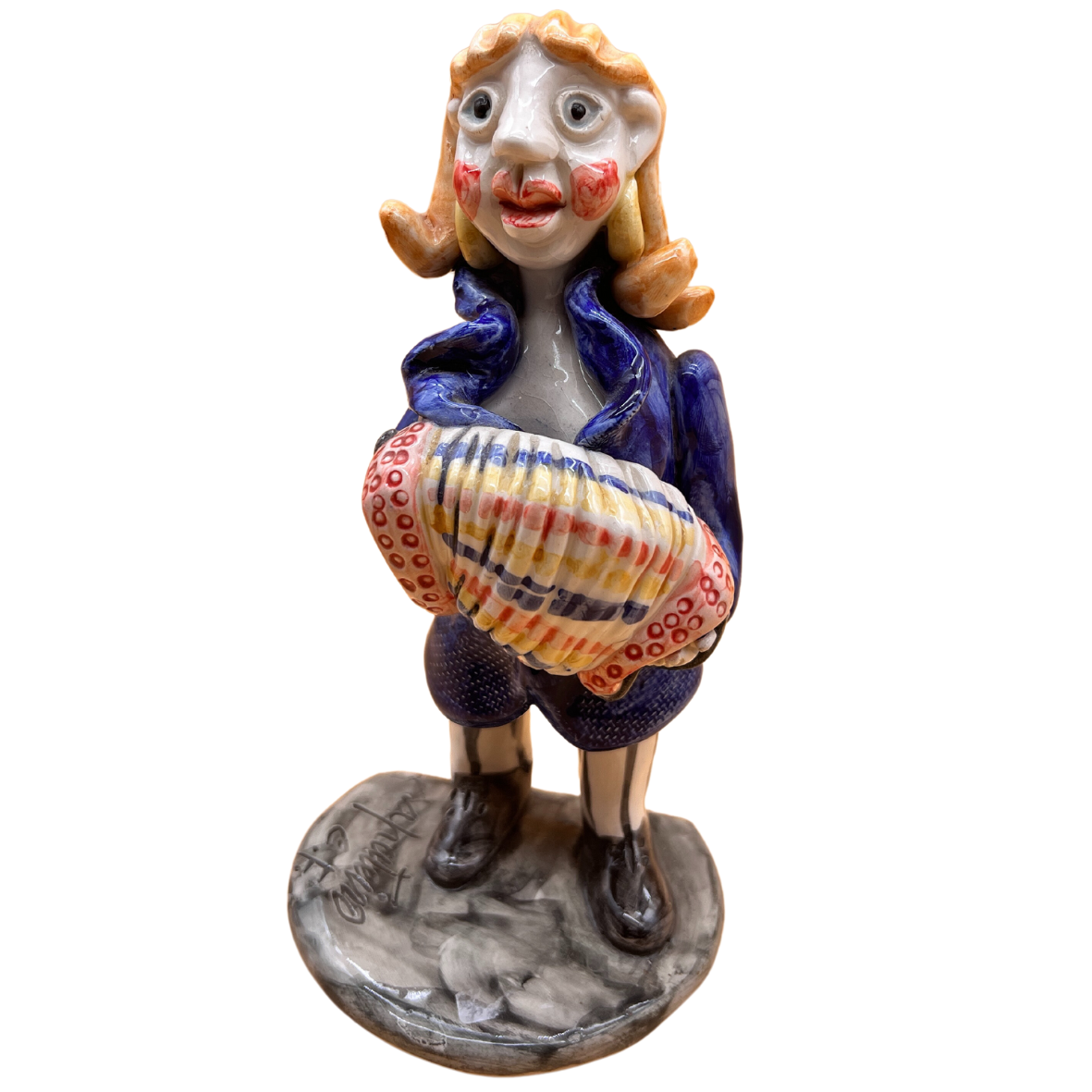 Figurina cerâmica mulher segurando concha colorida