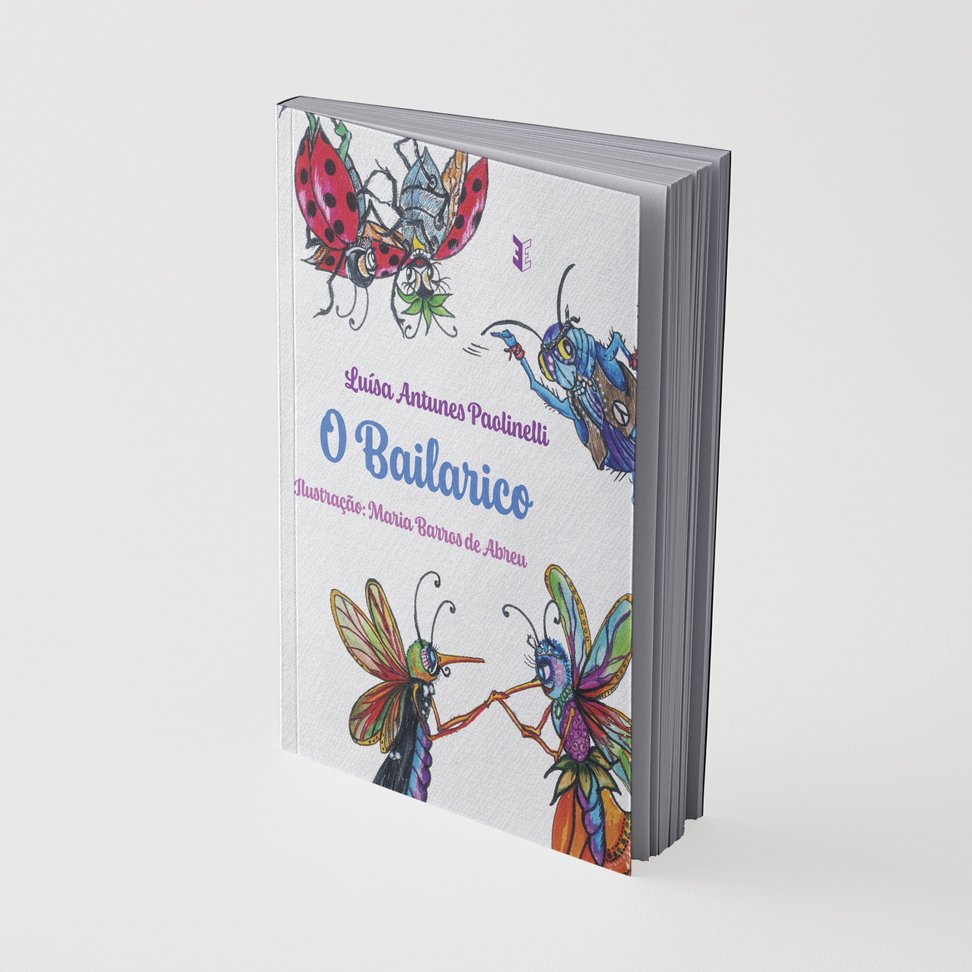 Capa de livro com ilustrações coloridas de insetos e texto em lilás e azul