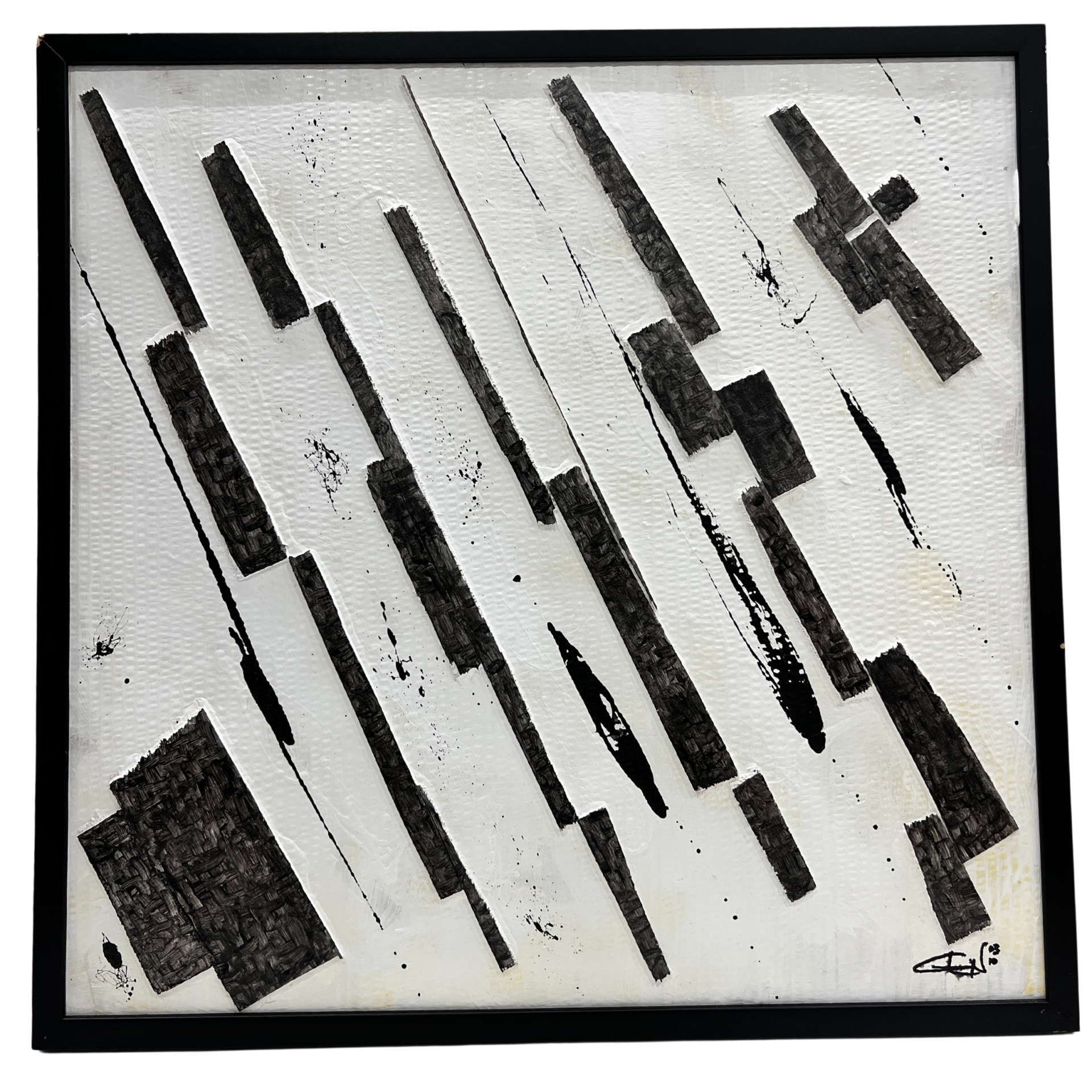 Quadro abstrato com formas geométricas pretas e fundo branco