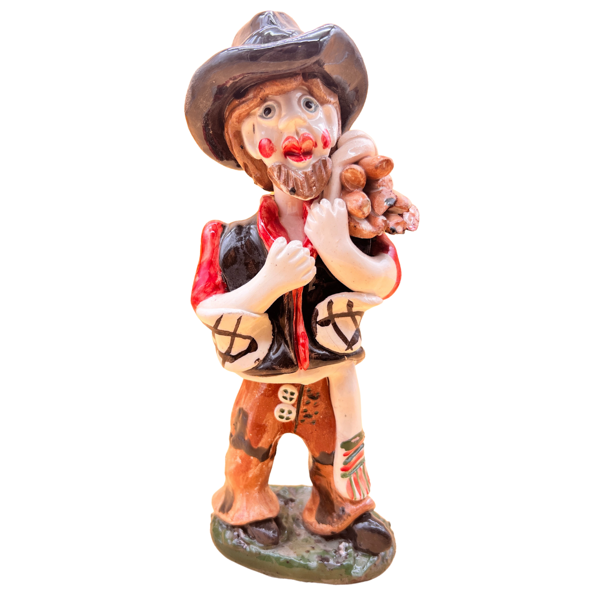 Estátua decorativa de cerâmica de homem com chapéu e saco de dinheiro