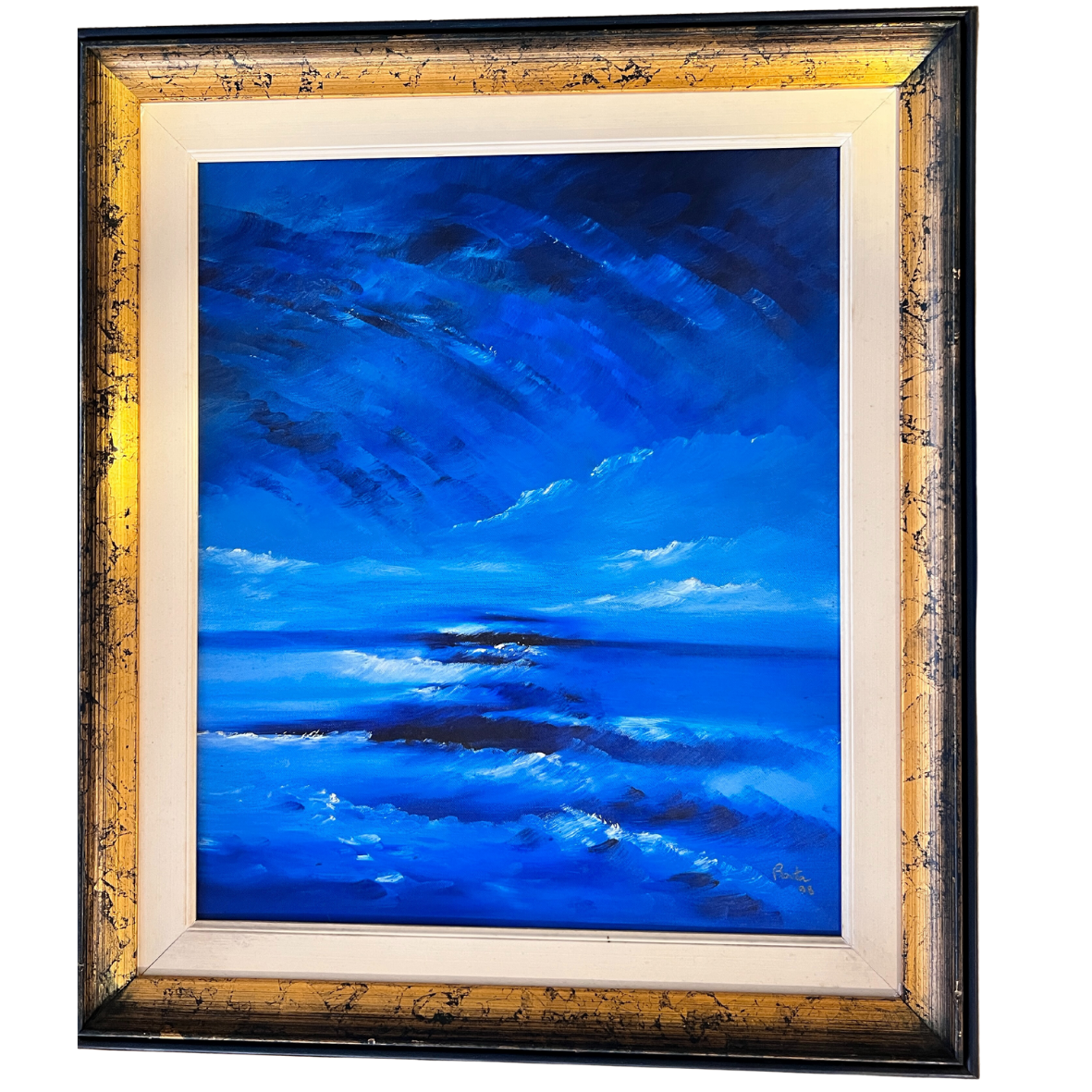 Pintura a óleo da paisagem marítima em moldura dourada