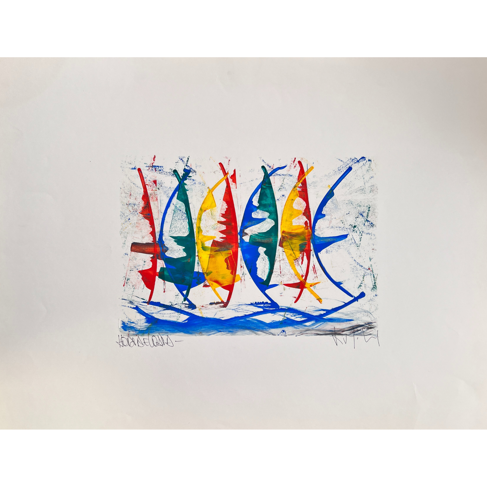 Pintura colorida de barcos estilizados em papel branco