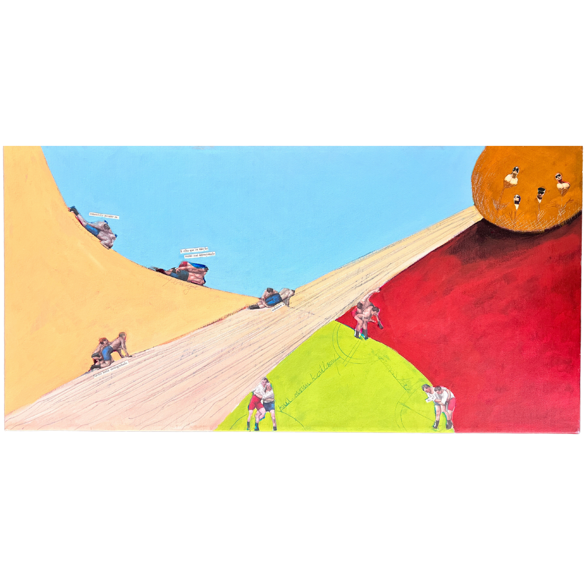 Pintura em tela com figuras humanas pequenas em áreas coloridas distintas