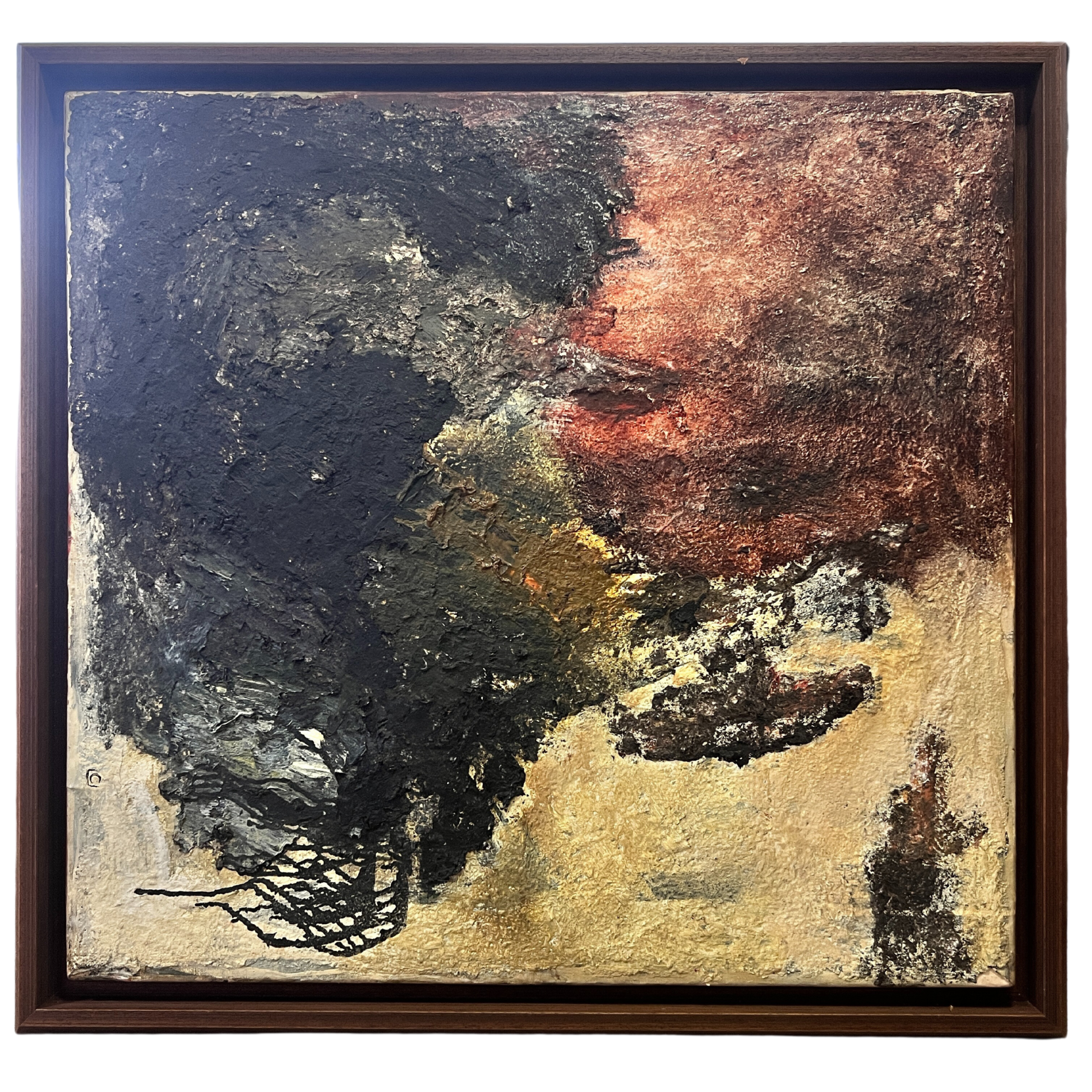 Quadro abstrato texturizado em cores escuras e quentes com moldura de madeira