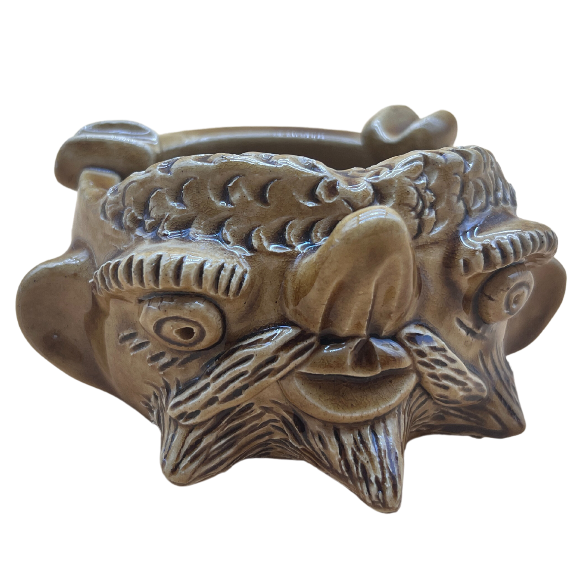 Cinzeiro de cerâmica castanho com rosto humano artístico