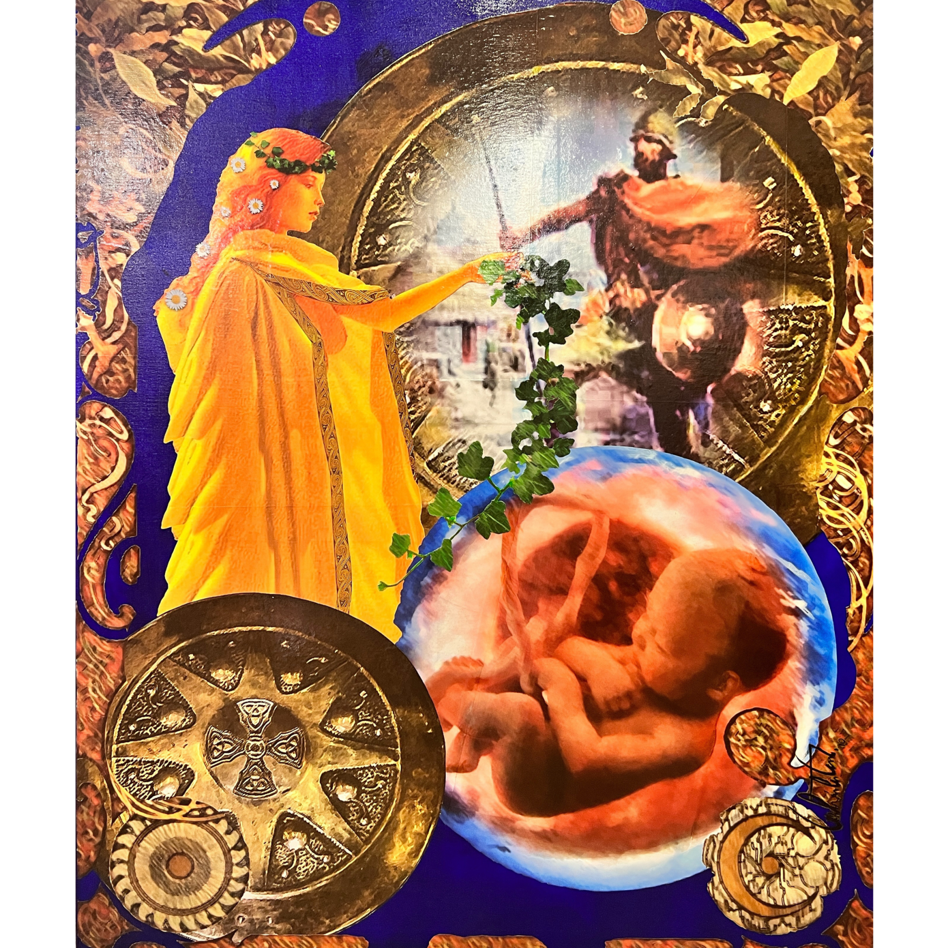 Montagem artística com mulher de amarelo, gladiador, escudo dourado e feto dentro de globo azulado