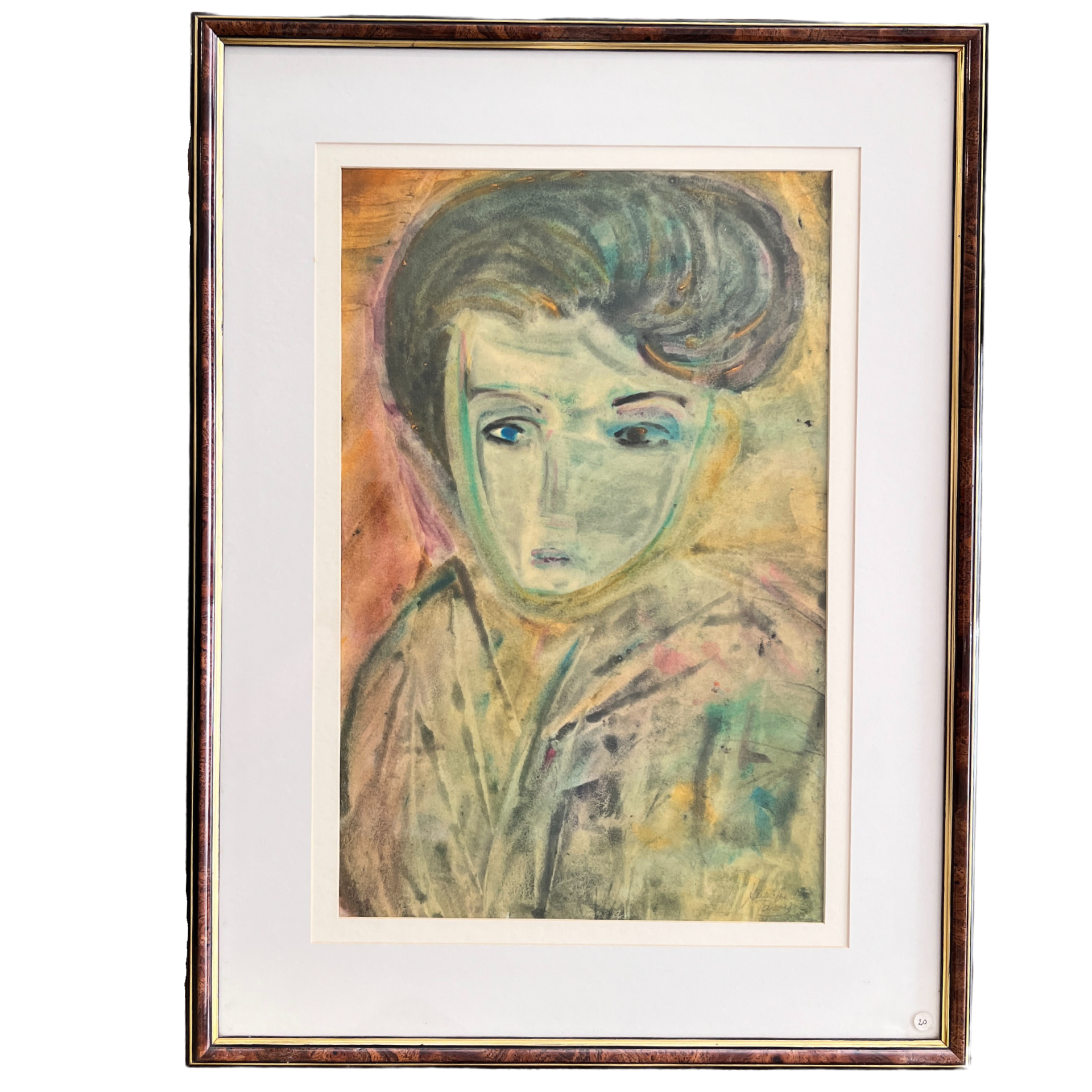 Quadro com retrato em aguarela e moldura de madeira escura