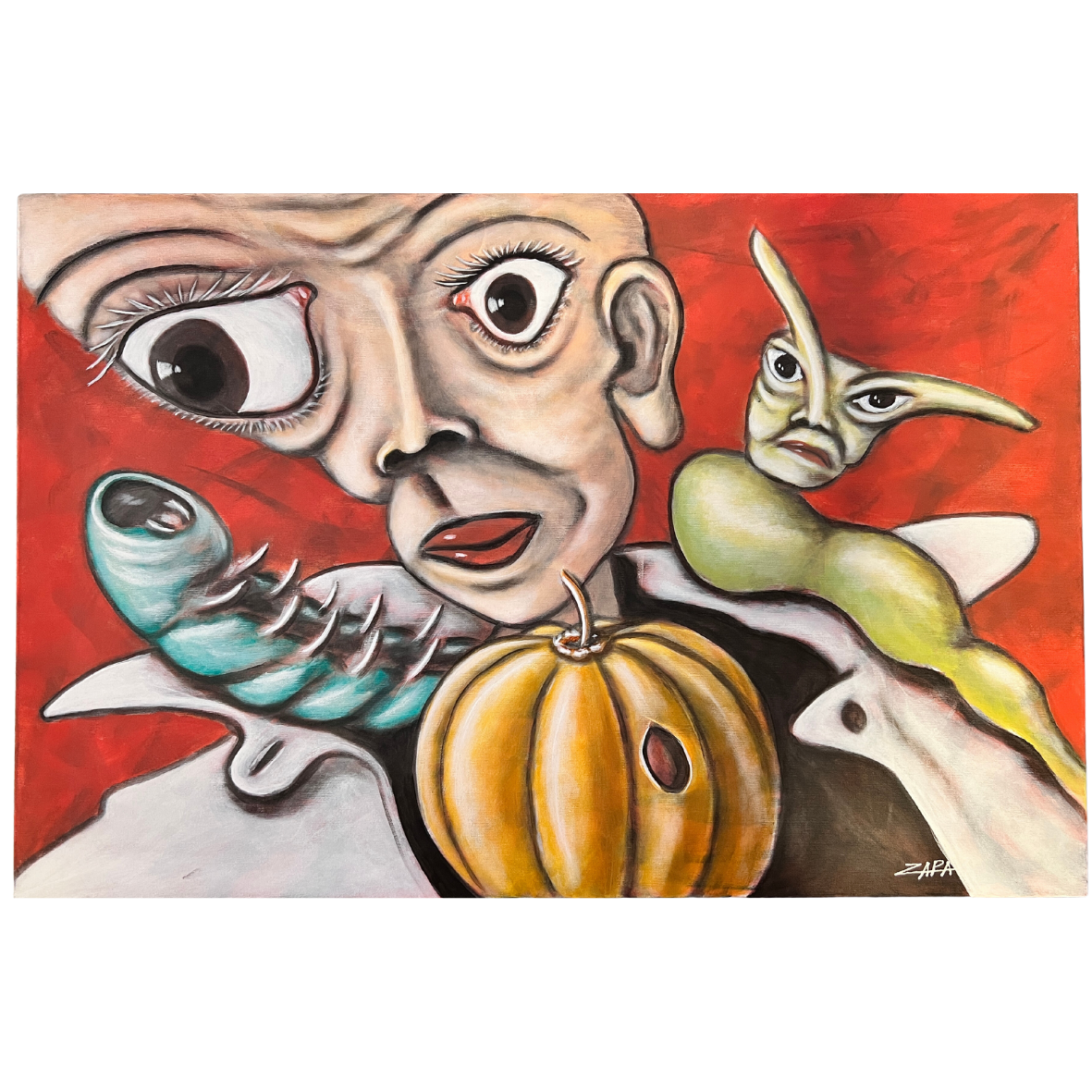 Pintura surrealista colorida com figuras humanas e objetos abstratos sobre fundo vermelho