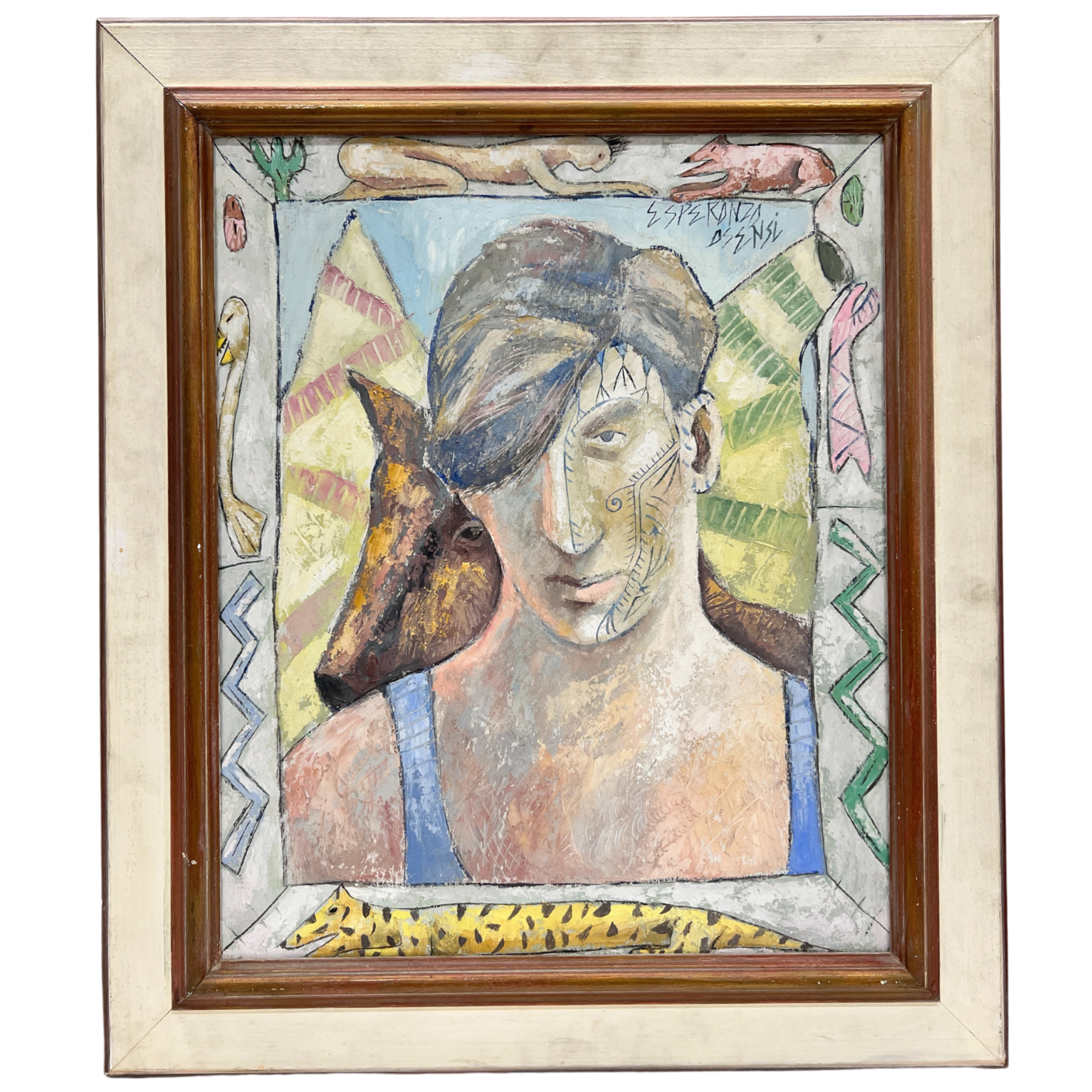 Pintura colorida de homem com cabeça de cavalo ao lado e moldura branca e castanha