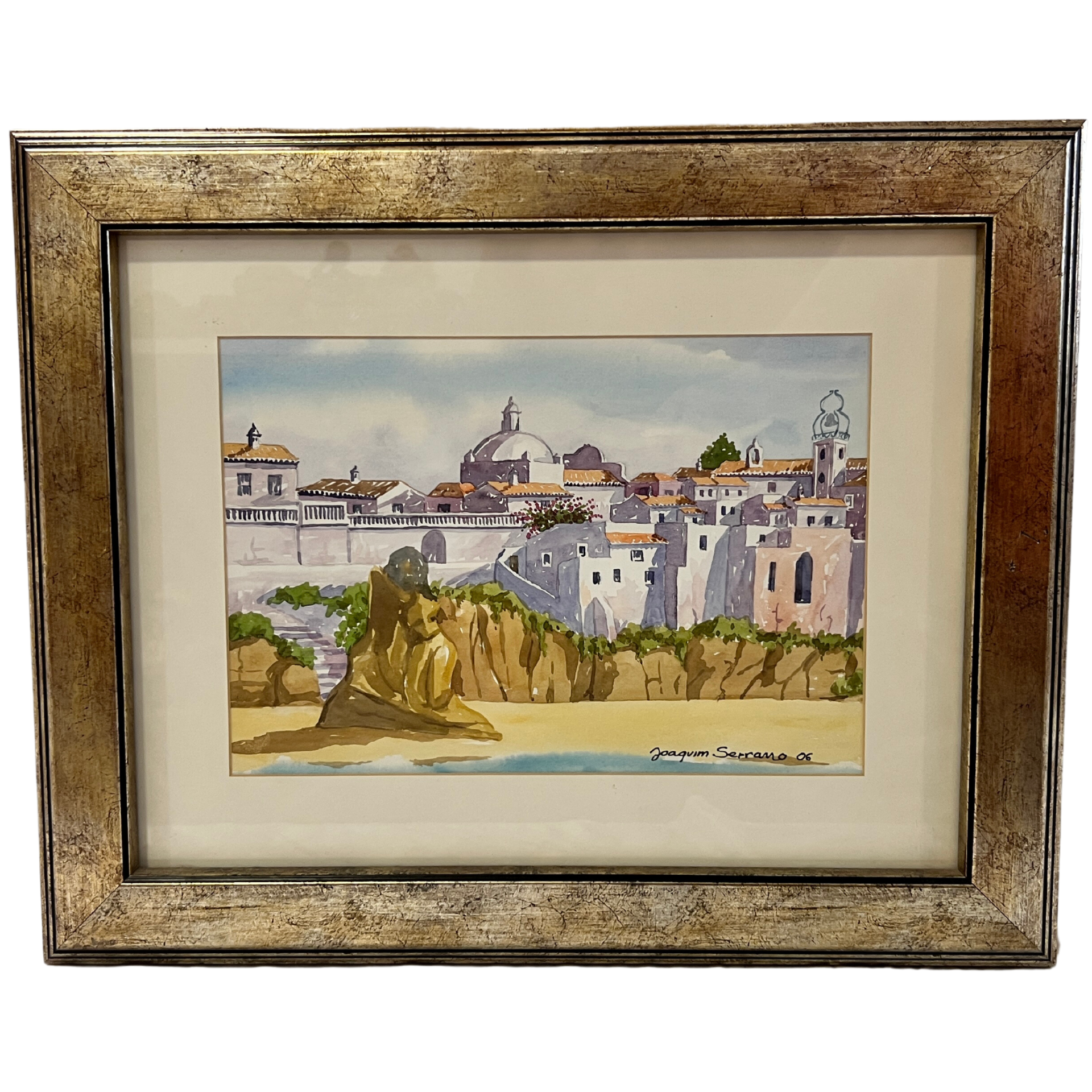 Pintura emoldurada com paisagem urbana e assinatura Joaquim Severino