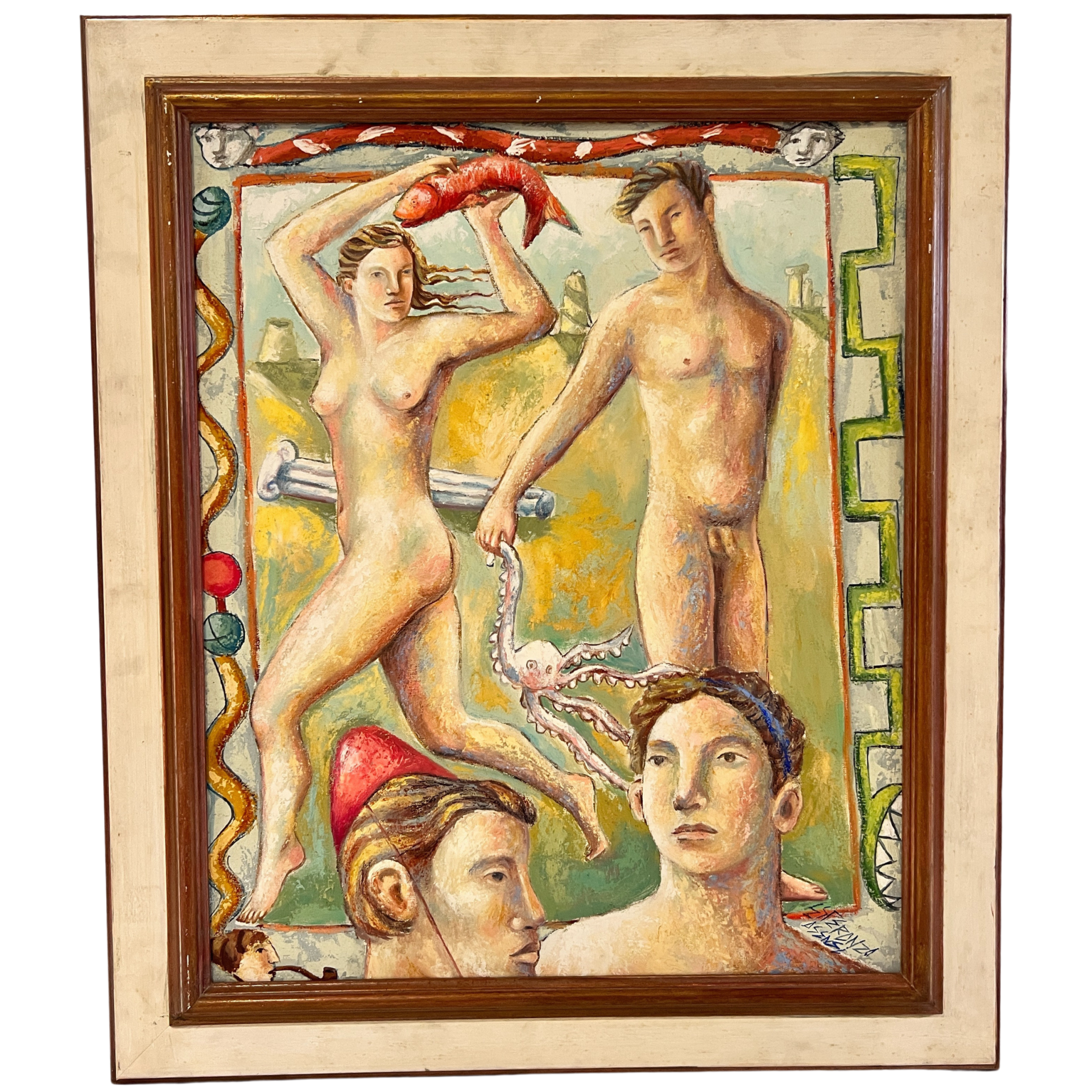 Pintura a óleo de figuras humanas nuas e elementos marinhos em moldura castanha