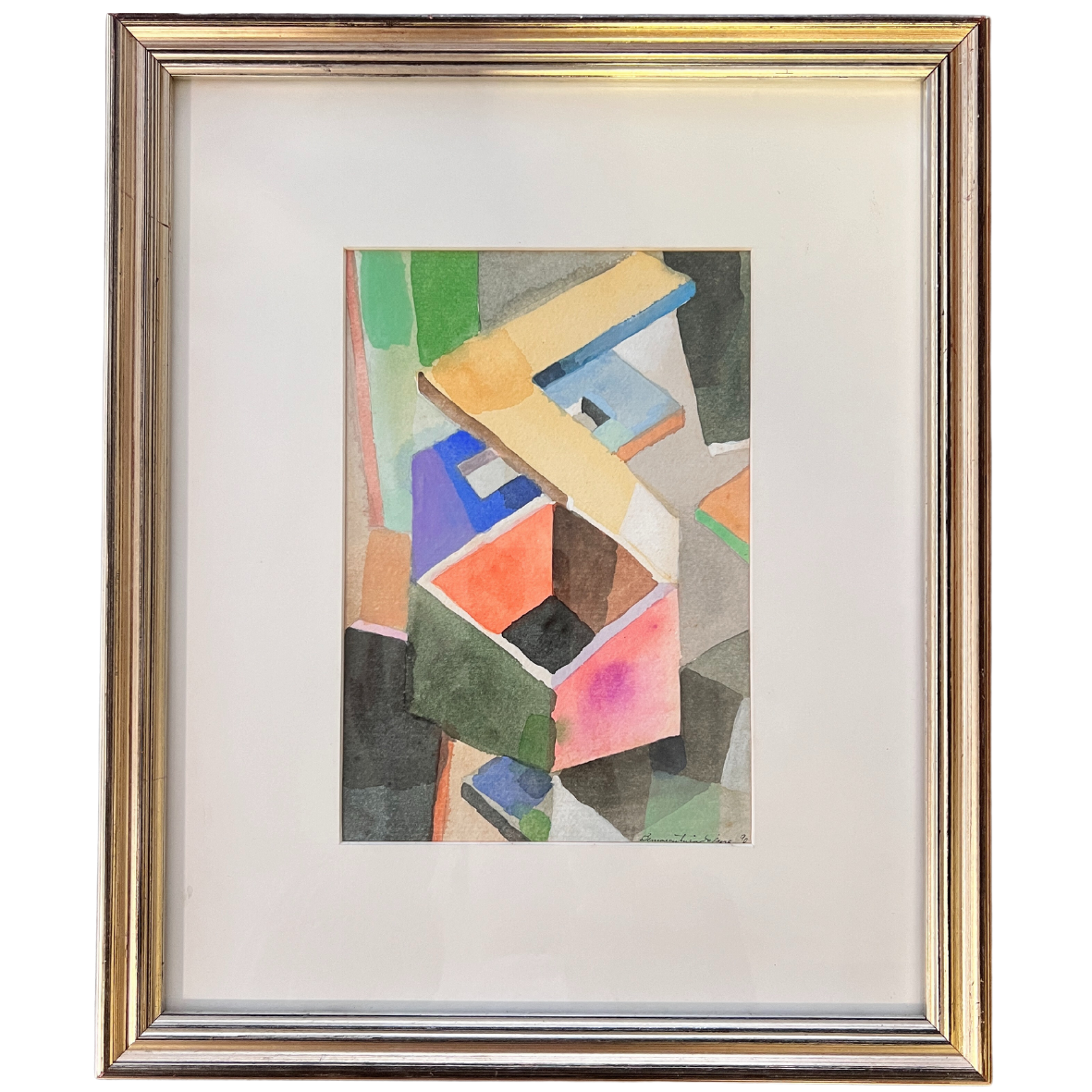 Quadro abstrato em aquarela com moldura dourada