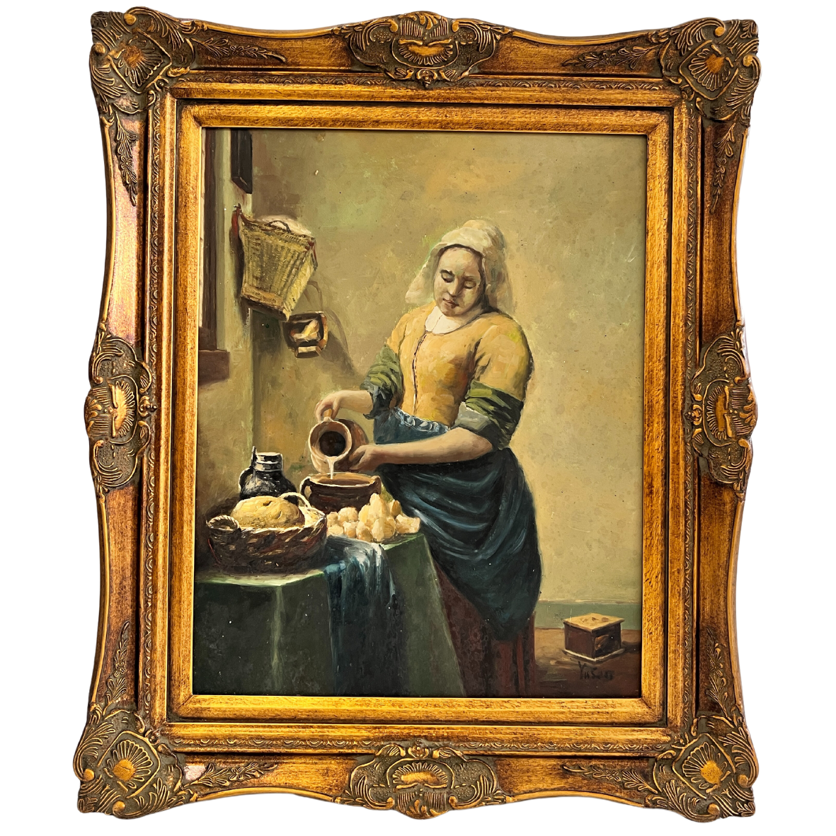 Pintura de mulher a servir líquido numa tigela, com moldura dourada trabalhada